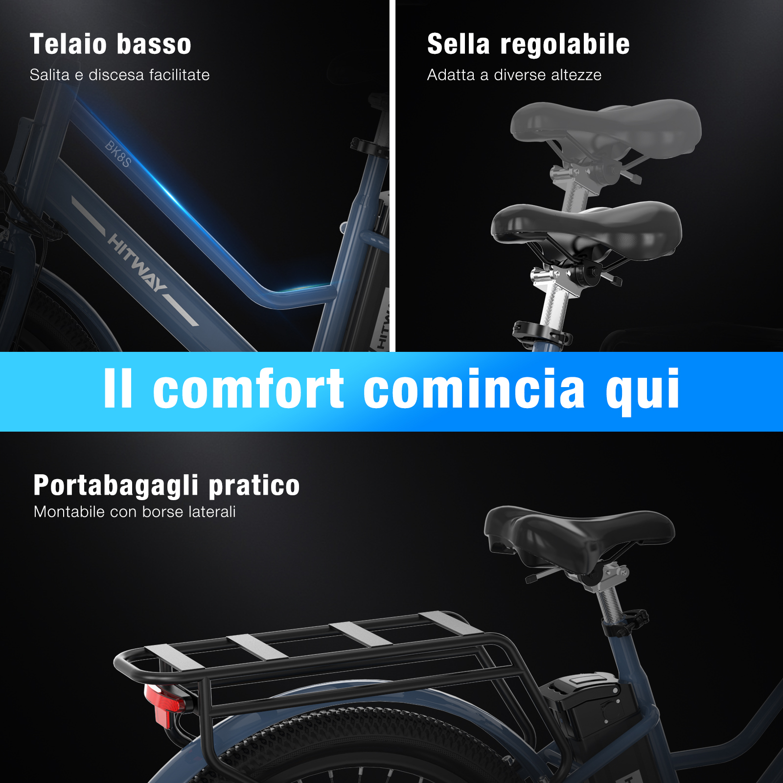 L'immagine mostra una bici elettrica con sella regolabile, telaio basso e portapacchi posteriore. Dettagli includono marchio e caratteristiche.