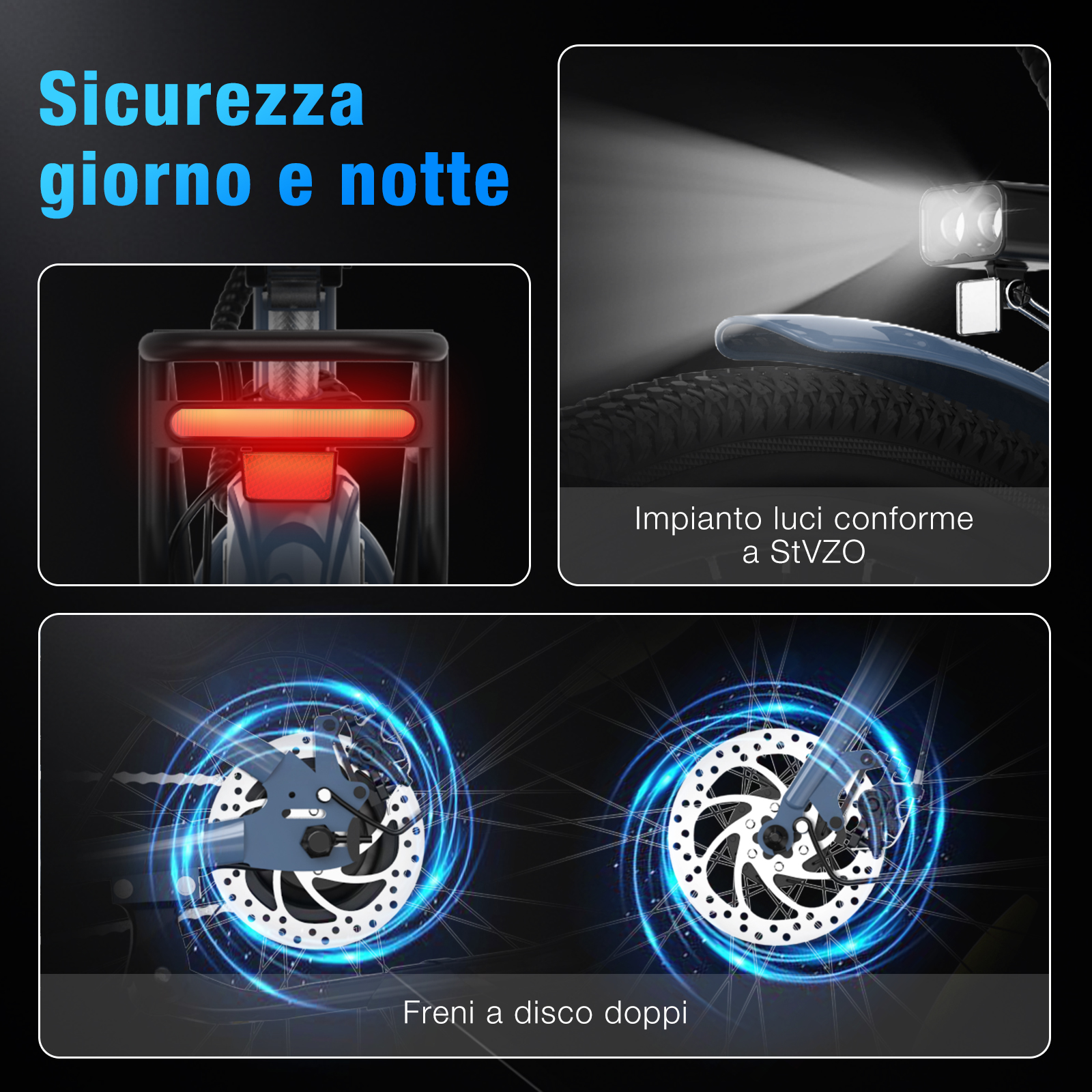 L'immagine mostra luci bici, luce posteriore e doppi freni a disco. I testi evidenziano le caratteristiche di sicurezza.