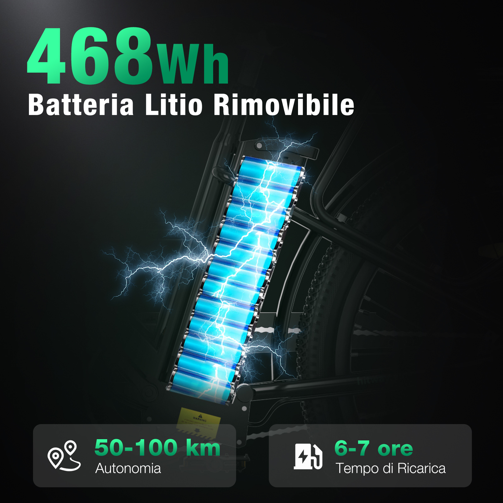 L'immagine mostra una batteria per bici con grafica a fulmine. Il testo indica 468 Wh, autonomia 50-100 km e tempo di ricarica 6-7 ore.