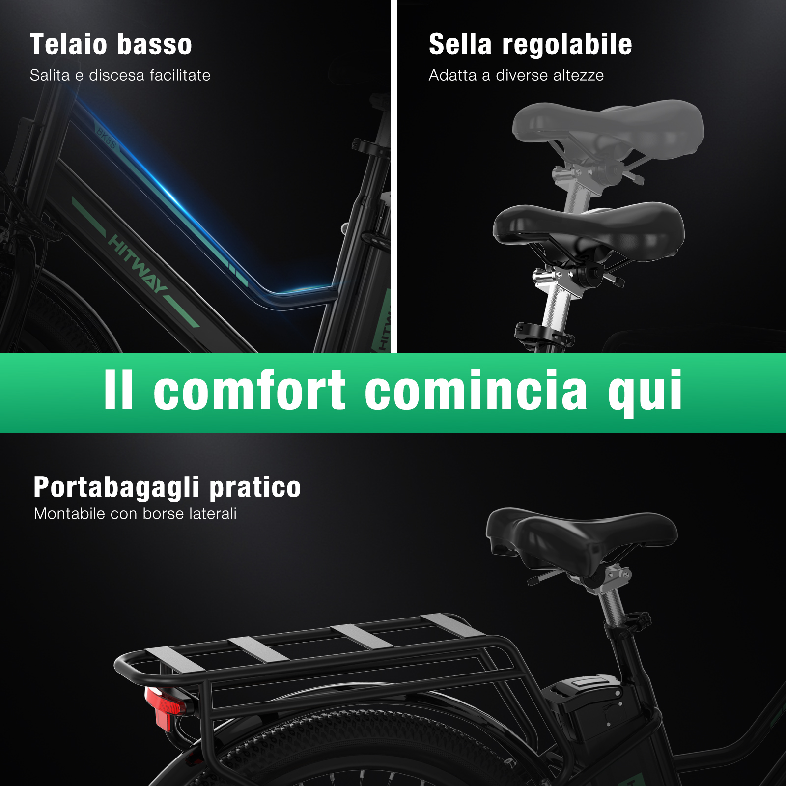 L'immagine mostra le caratteristiche di una e-bike: telaio basso, sella regolabile e portapacchi posteriore. Il testo evidenzia comfort e praticità.