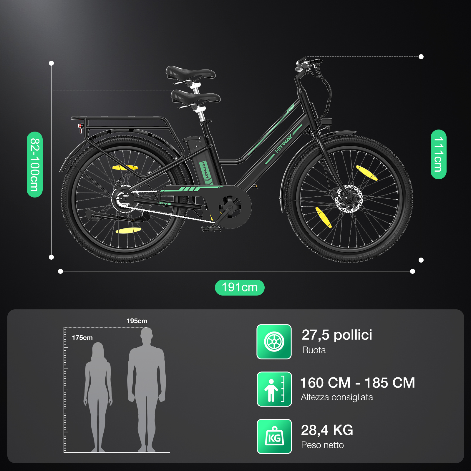 E-bike HITWAY nera, dimensioni indicate. Include dimensioni ruote, intervallo altezza e dettagli peso, con sagome umane.