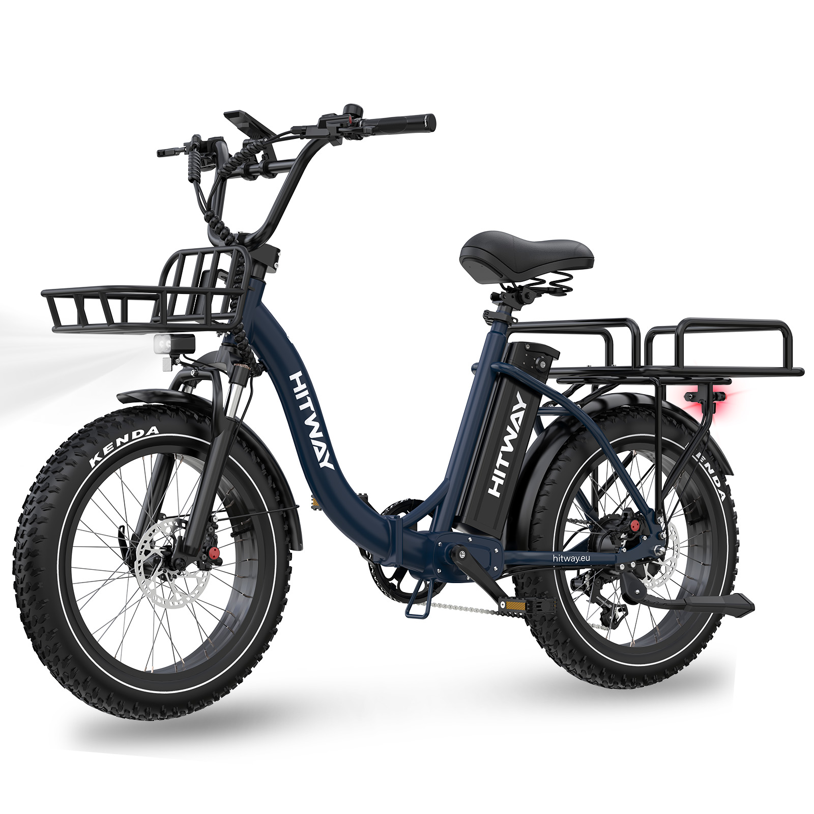 Una e-bike Hitway blu scuro con cestino anteriore, pneumatici neri e portapacchi posteriore, su sfondo bianco.
