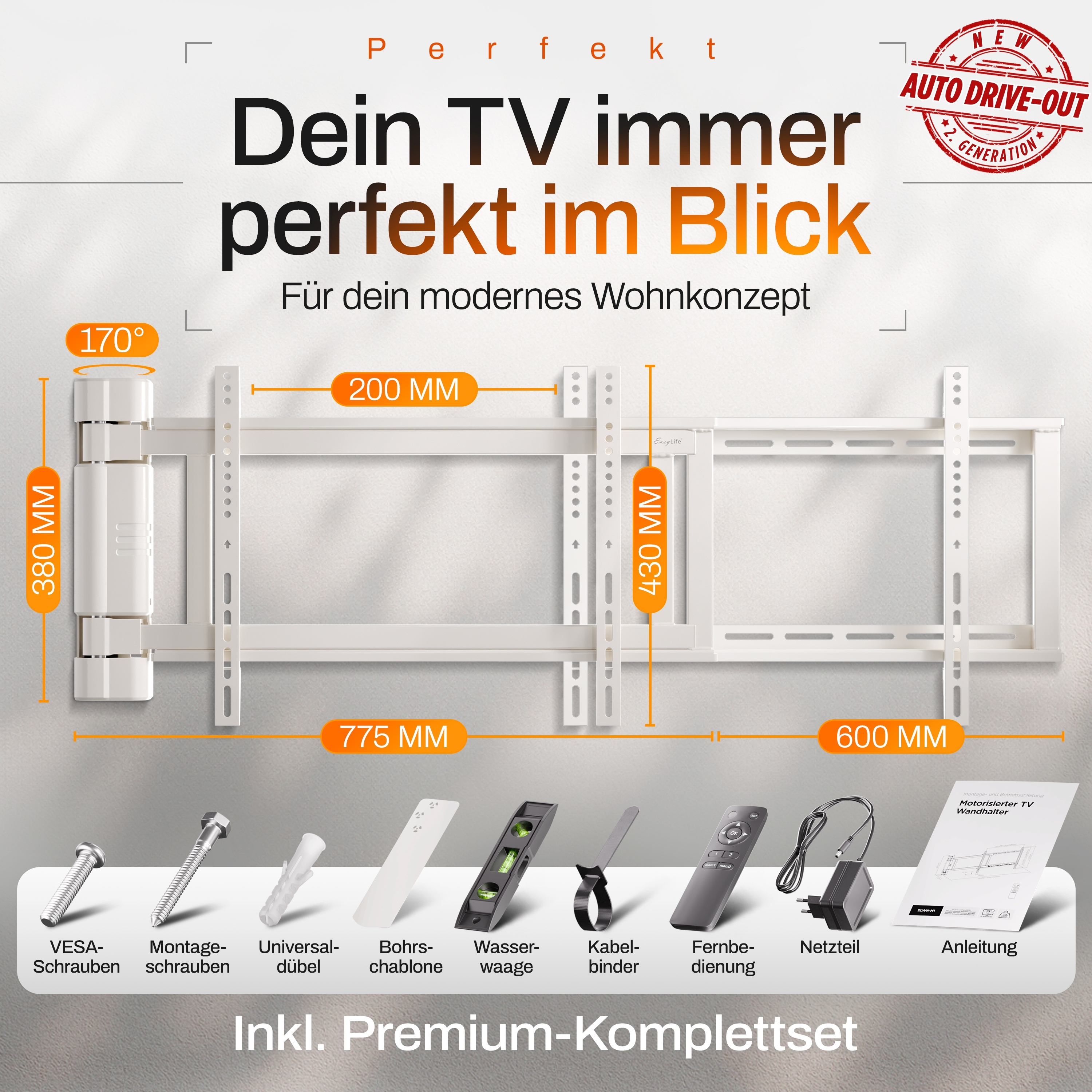 TV-Wandhalterung mit Zubehör. Enthält Schrauben, Wasserwaage, Fernbedienung und Netzteil. Abmessungen mit orangefarbenen Linien.