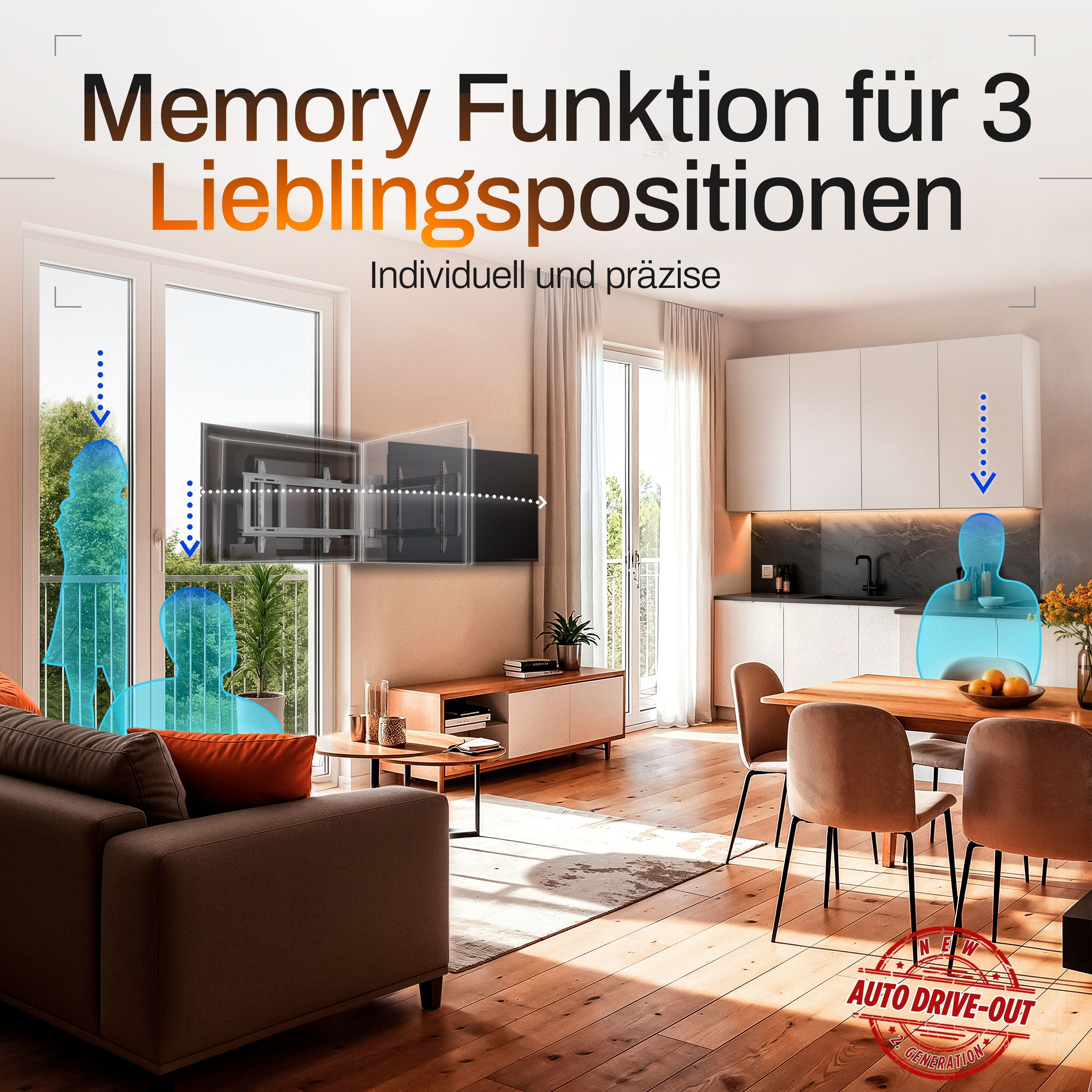 Ein modernes Wohnzimmer mit Text: Memory Funktion für 3 Lieblingspositionen. Es gibt einen Fernseher, eine Couch, einen Essbereich und große Fenster.
