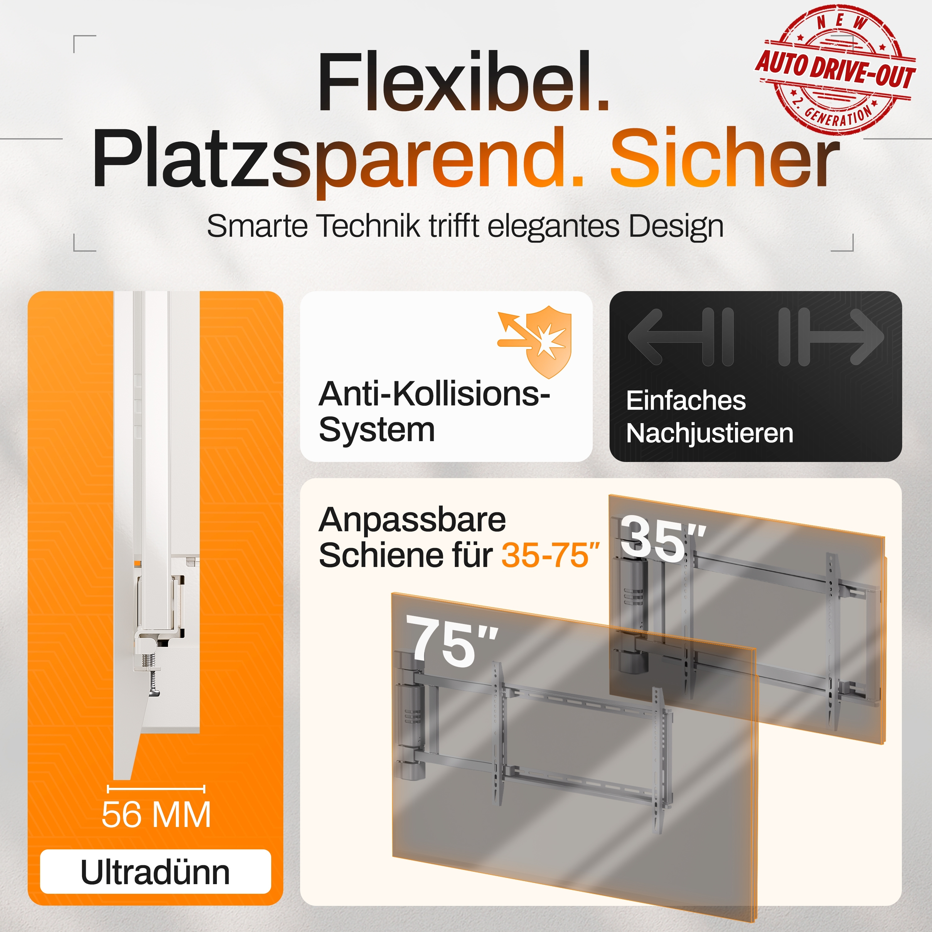 Das Bild zeigt eine TV-Halterung mit Text, der Funktionen wie Anti-Kollisionssystem und verstellbare Schiene beschreibt.