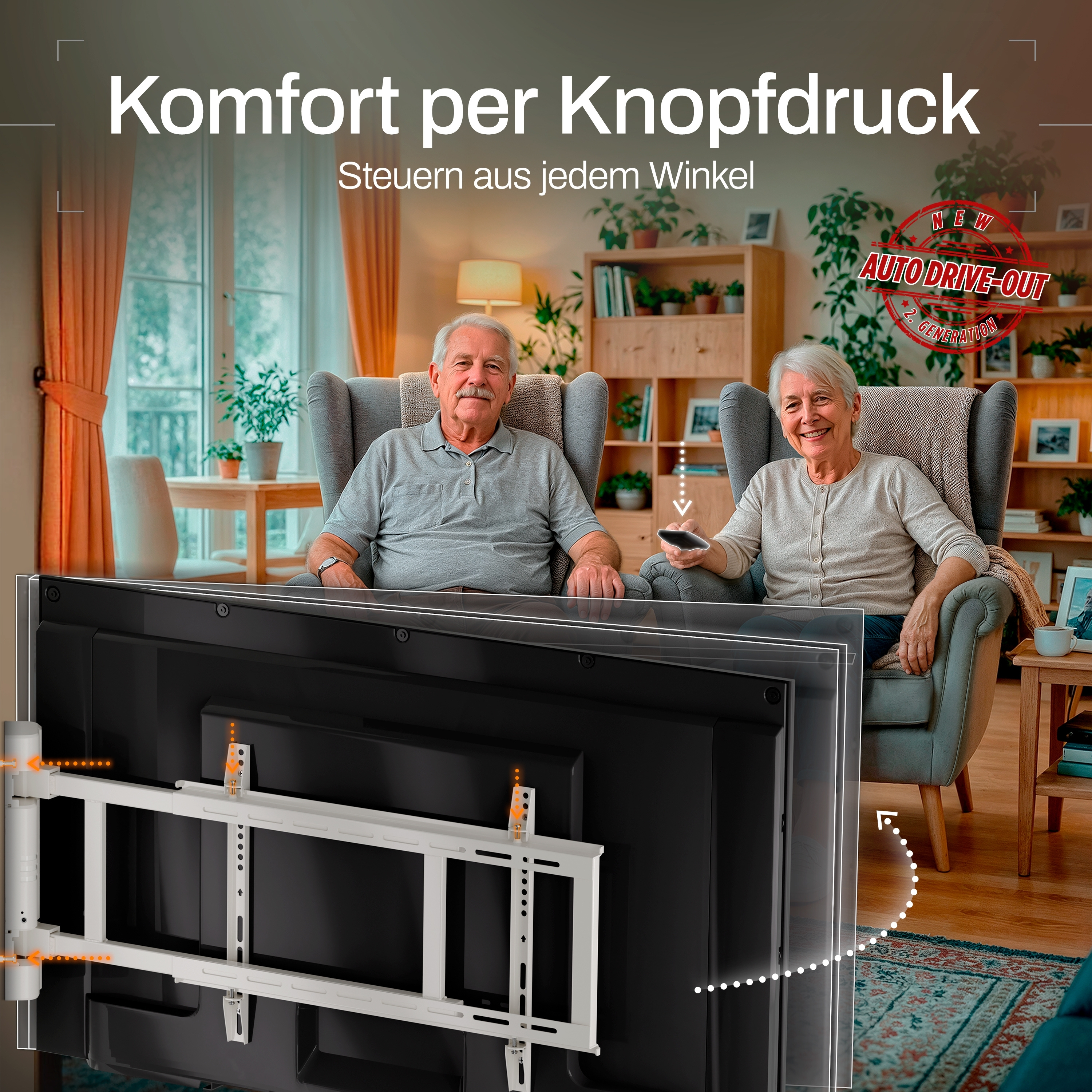 Ein älteres Ehepaar sitzt in Sesseln in einem Wohnzimmer. Ein Fernseher ist mit einer weißen Halterung an der Wand befestigt.