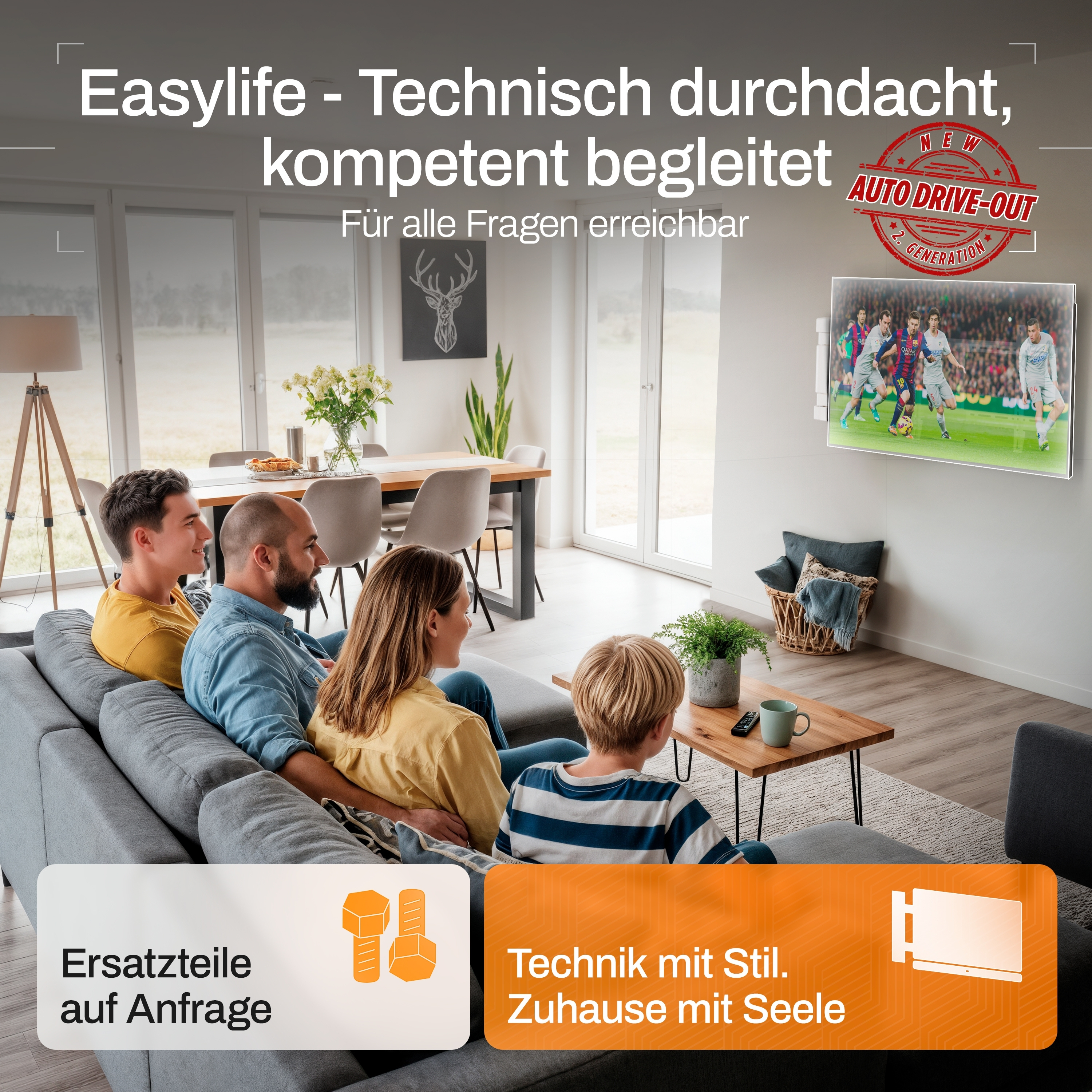Familie schaut fern. Wohnzimmer mit Sofa, Tisch und TV-Bildschirm mit Fußballspiel.