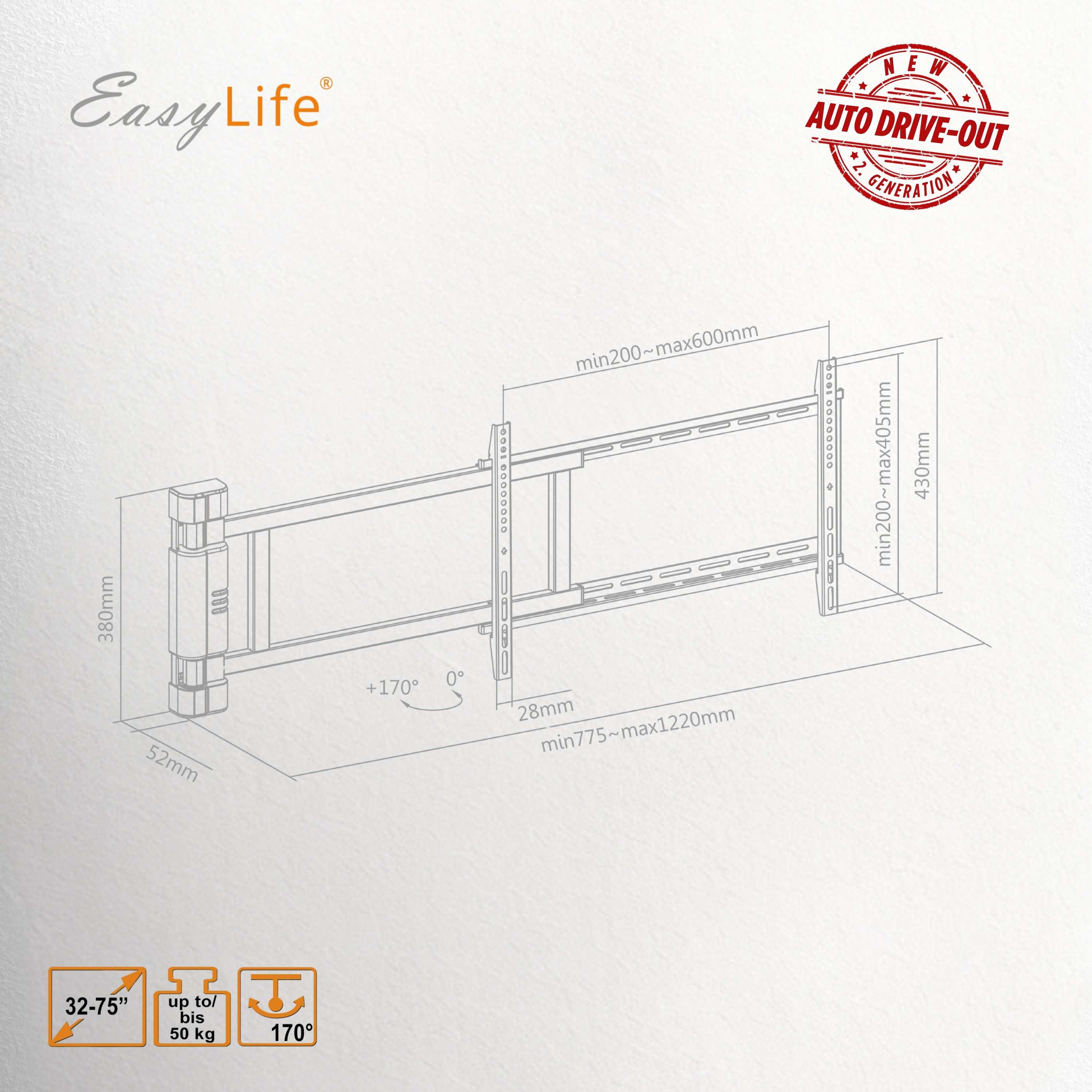 Weißer Hintergrund mit Wandhalterungsdiagramm. Maße und Spezifikationen sind angegeben. Das EasyLife-Logo befindet sich oben links.