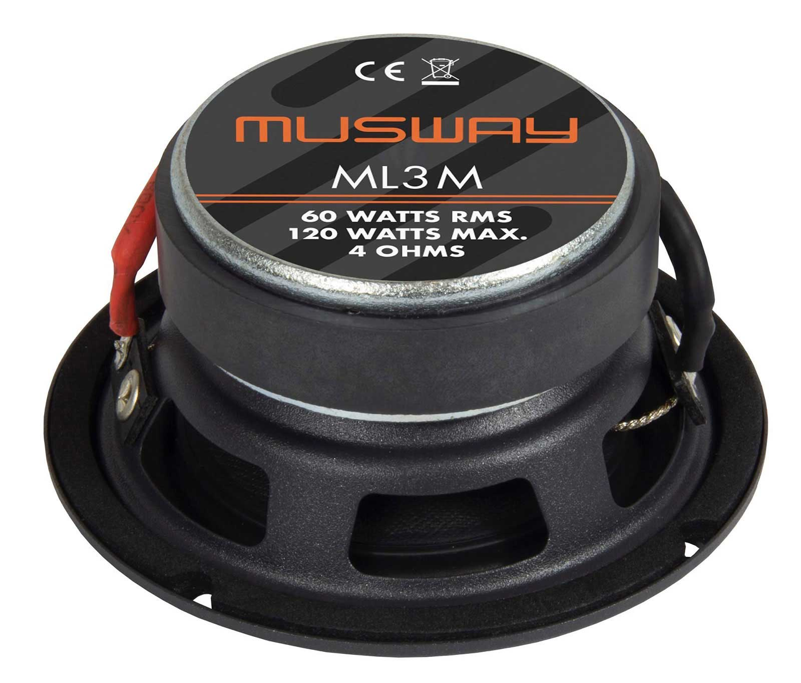 Nahaufnahme eines schwarzen Lautsprechers mit dem Markennamen MUSWAY und dem Modell ML3M. Es zeigt technische Daten.