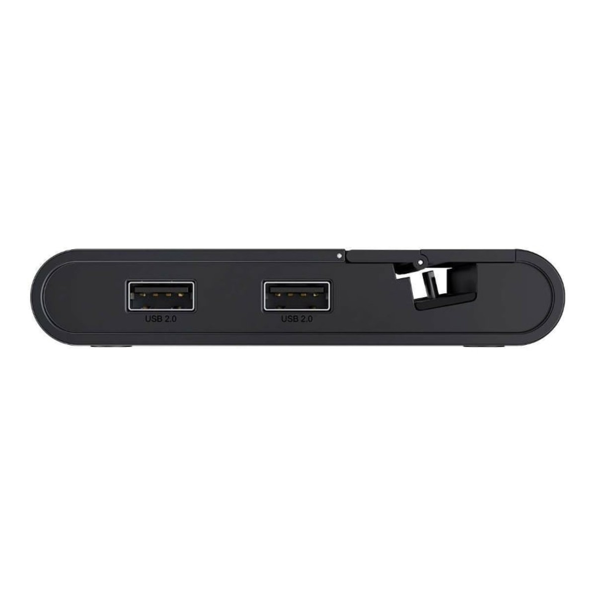 Een zwarte USB-hub met twee USB 2.0-poorten en een connector. Het heeft een afgerond ontwerp. De achtergrond is wit.