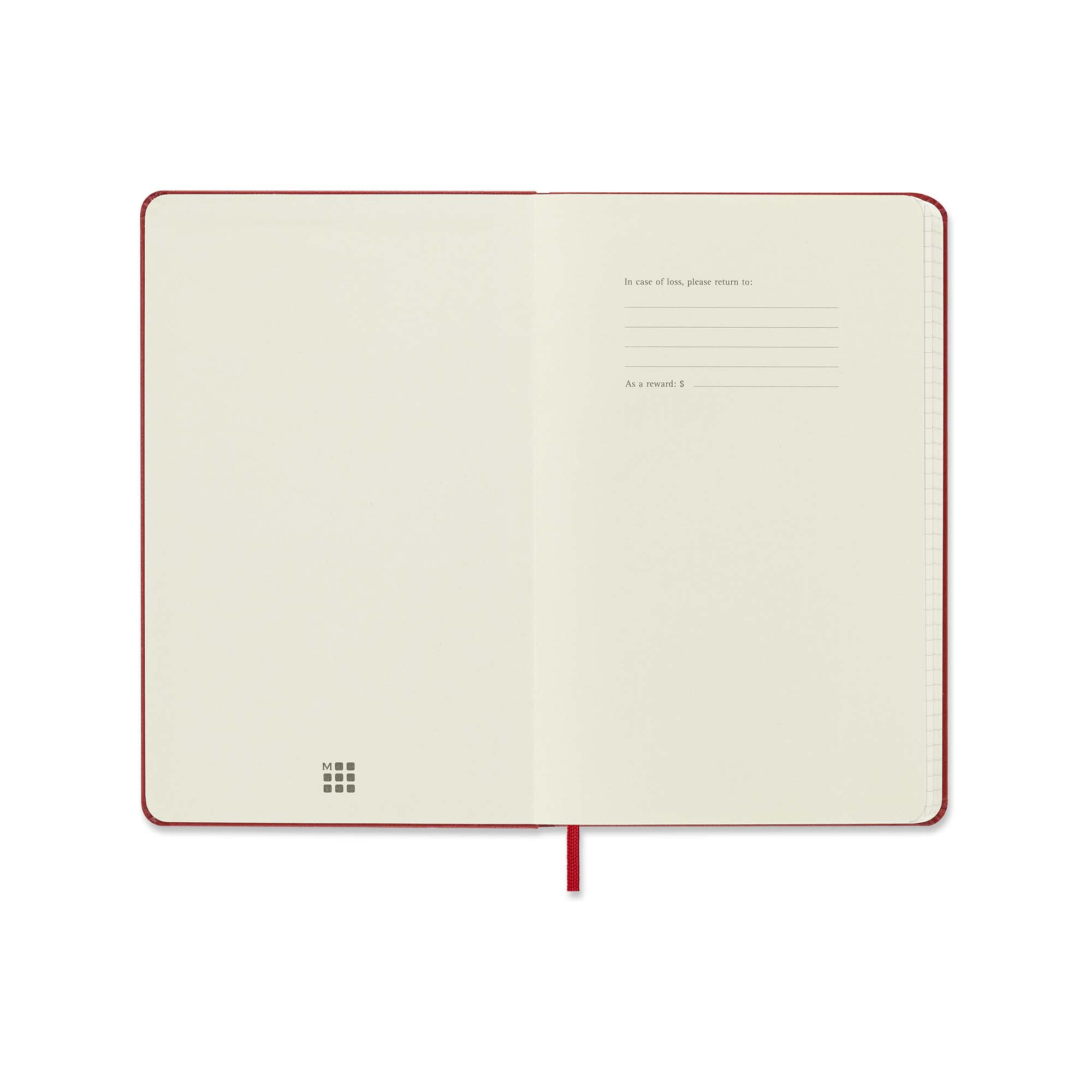 Offenes rotes Notizbuch mit cremefarbenen Seiten, einem roten Lesezeichen und einem Logo. Es hat Platz für Kontaktinformationen.