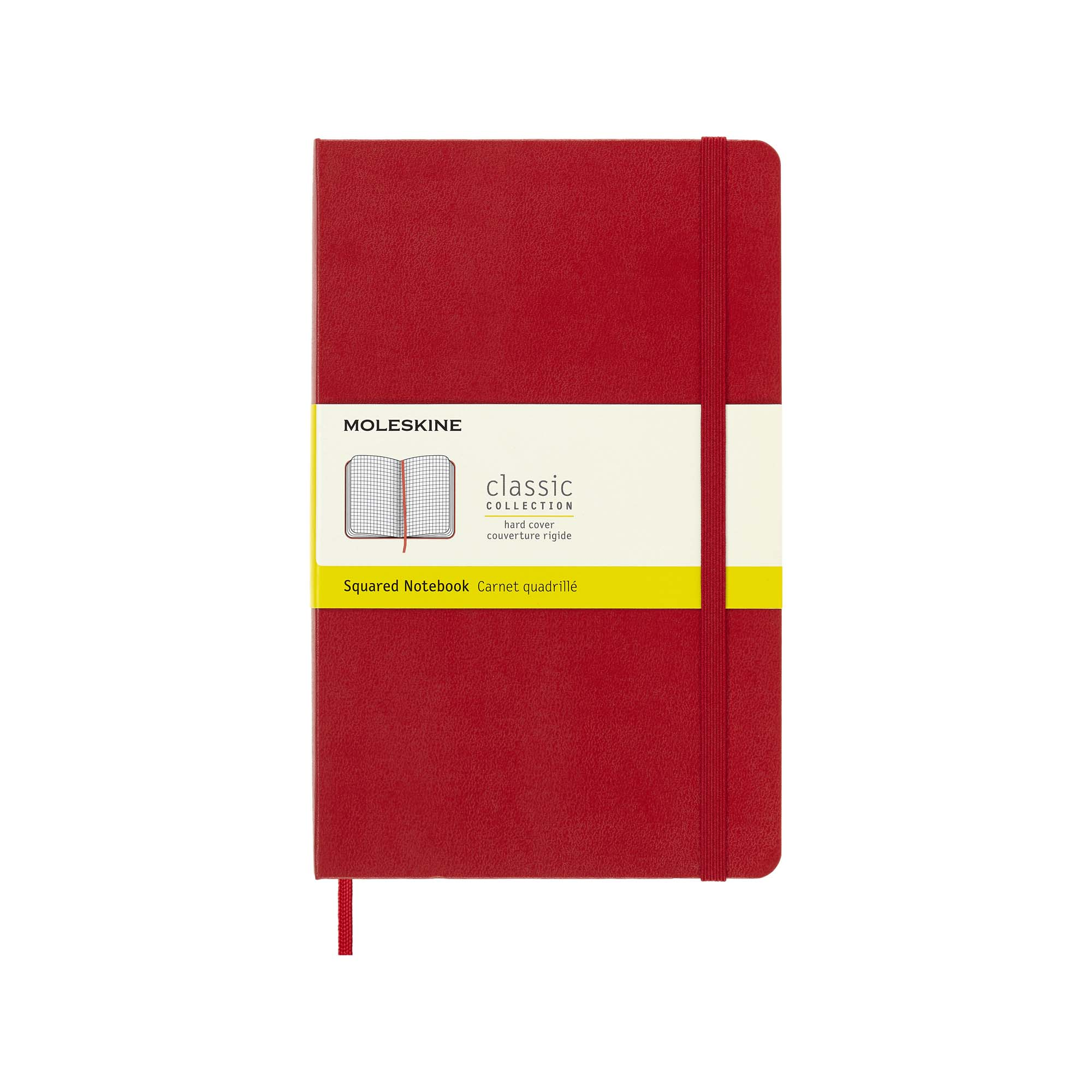 Ein rotes Moleskine-Notizbuch. Es hat ein gelbes Band und ein rotes Band. Auf dem Cover steht 'classic collection'.