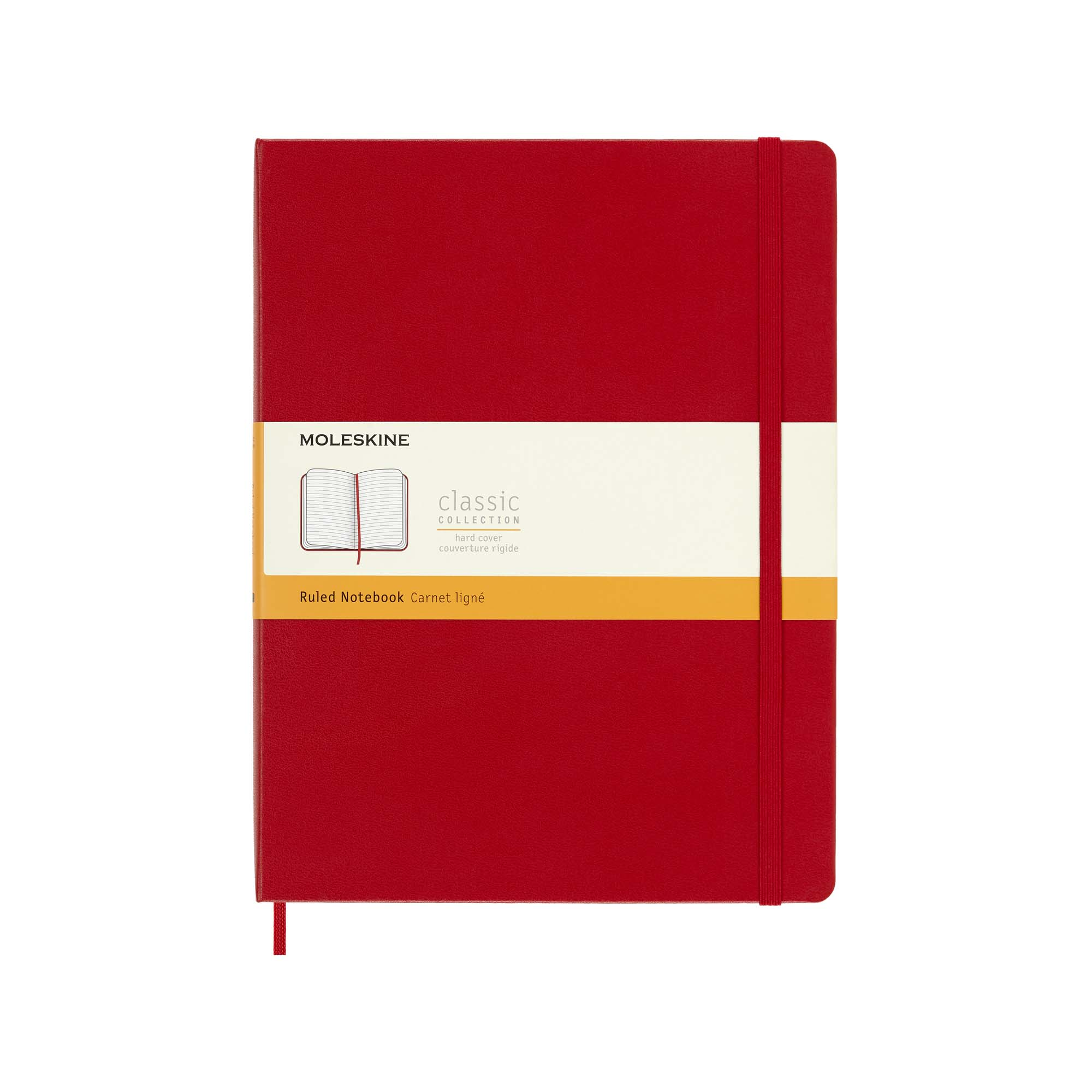 Czerwony notatnik Moleskine. Ma biało-pomarańczowy pasek z tekstem. Widoczna jest czerwona gumka i zakładka.