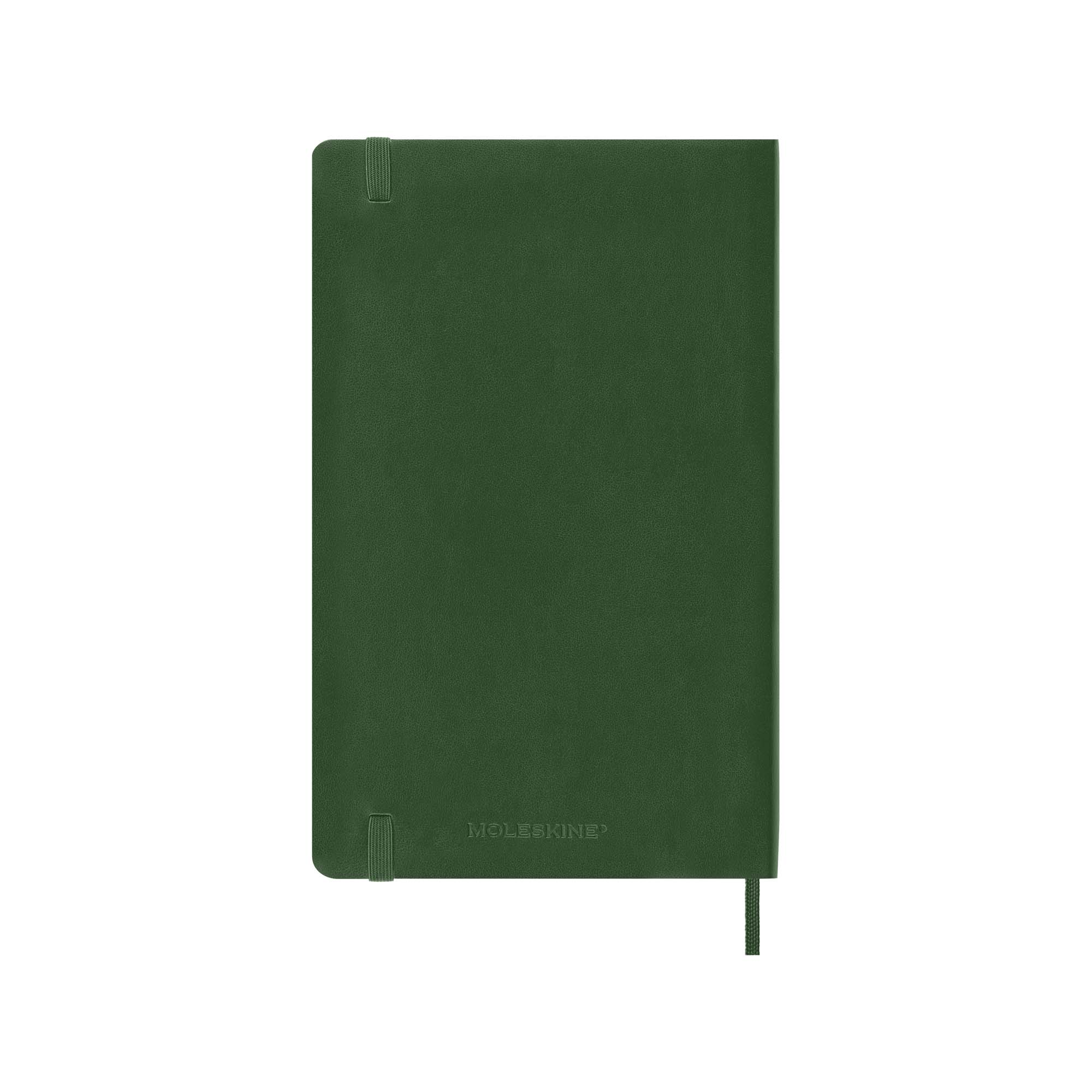 Ein grünes Moleskine-Notizbuch. Es hat einen elastischen Bandverschluss und ein Lesezeichenband. Der Markenname ist sichtbar.