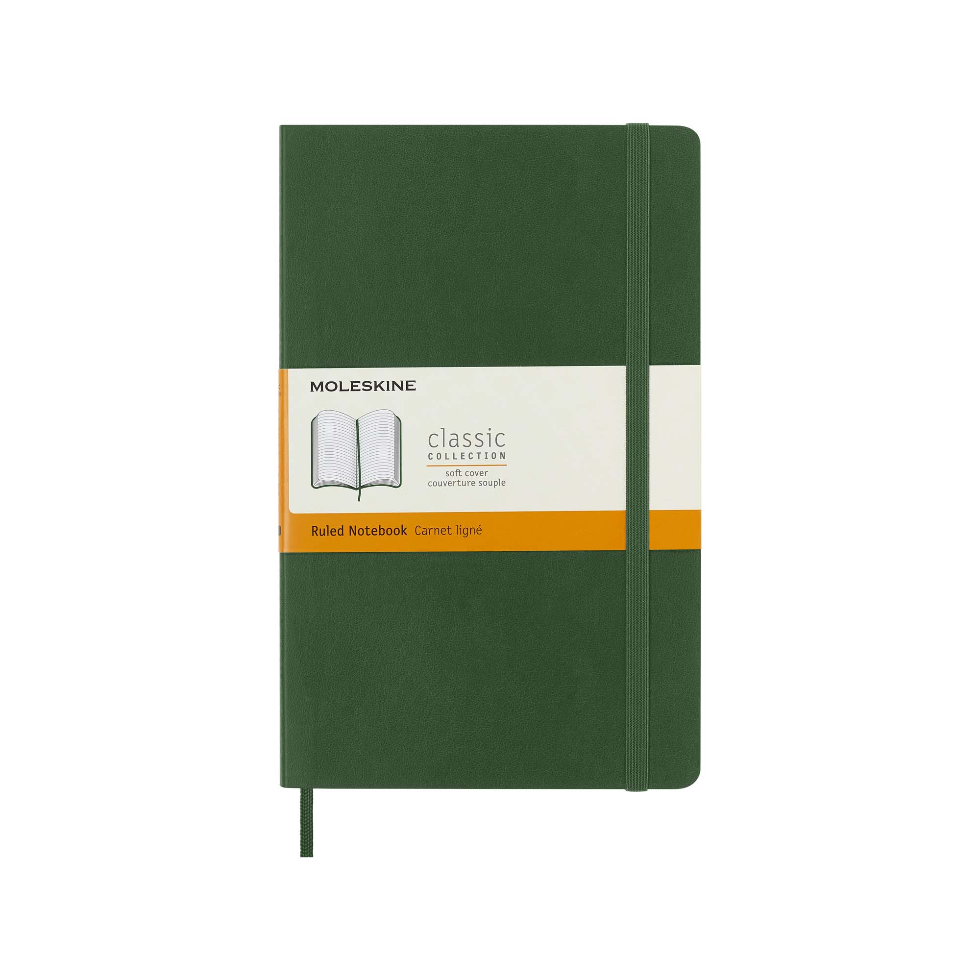 Ein grünes Moleskine-Notizbuch. Es hat ein weißes Band mit Text und einen Gummizug. Der Einband ist dunkelgrün.