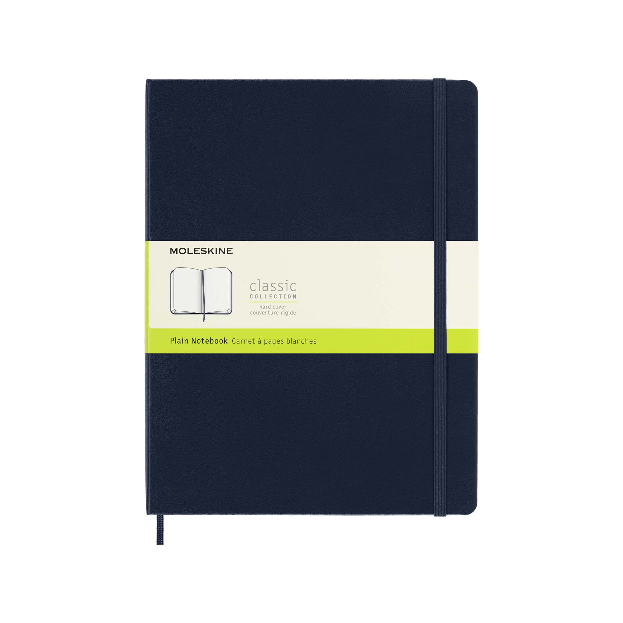 Ein marineblaues Moleskine-Notizbuch. Es hat ein cremefarbenes Band mit Text und einen gelben Streifen. Gummibandverschluss.