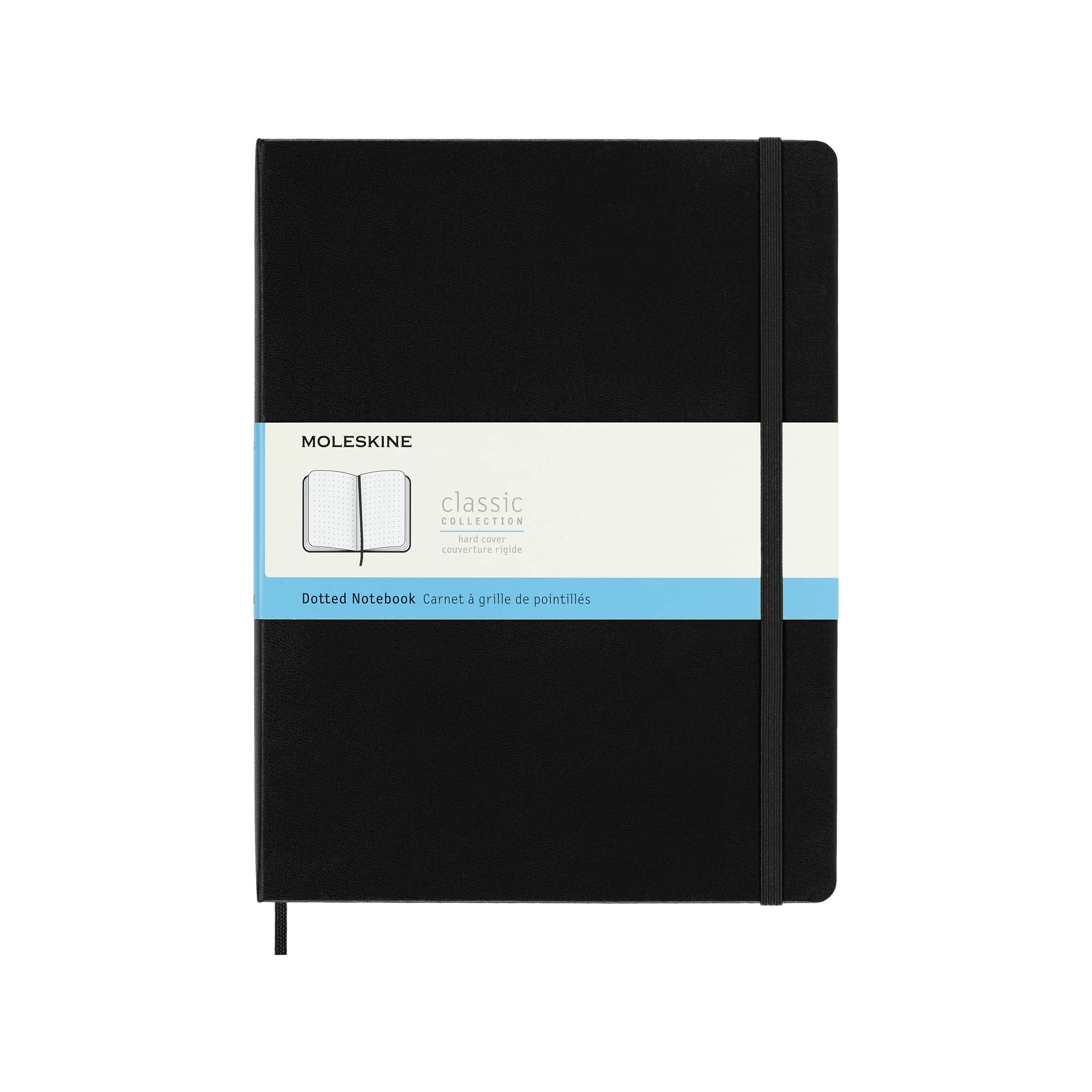 Czarny notatnik Moleskine. Biały pasek z marką. Zapięcie na gumkę. Opis notatnika w kropki.