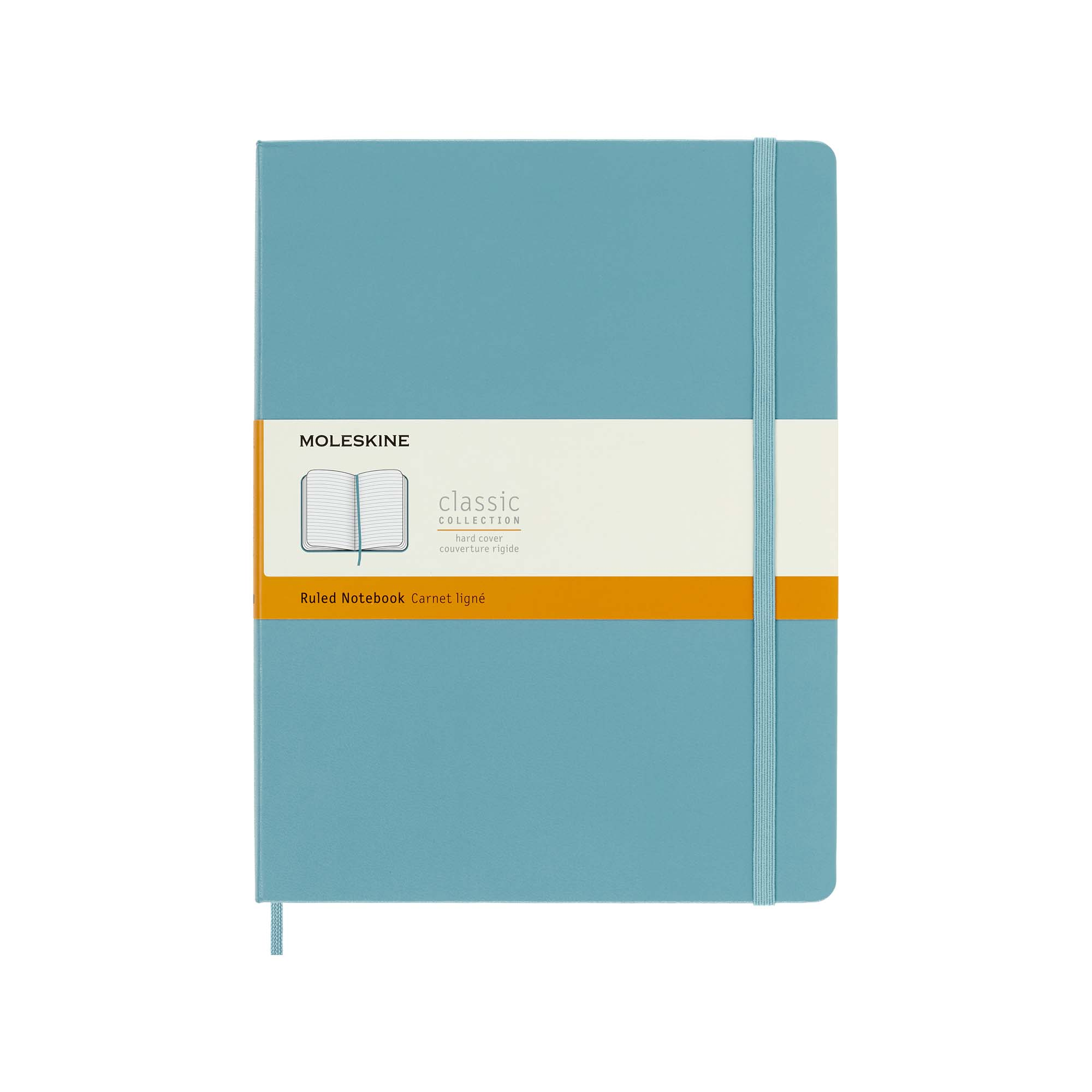 Ein türkisfarbenes Moleskine-Notizbuch. Es hat ein türkisfarbenes Gummiband und ein Logo mit dem Text "Moleskine" und "Classic Collection".