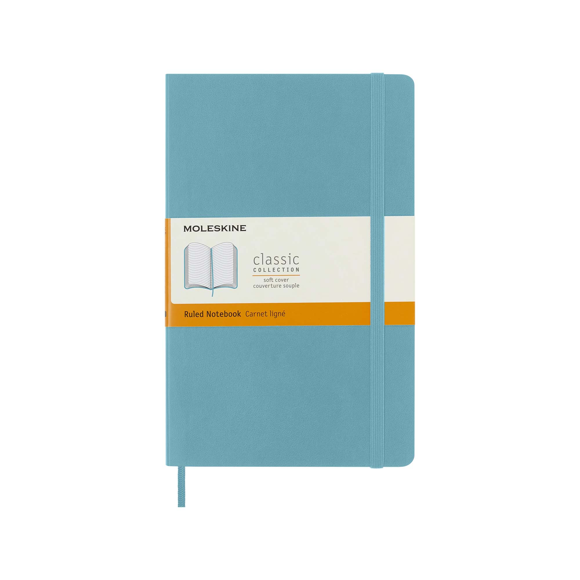 Ein türkisfarbenes Moleskine-Notizbuch. Es hat ein cremefarbenes Band mit Text und einen türkisfarbenen Gummibandverschluss.