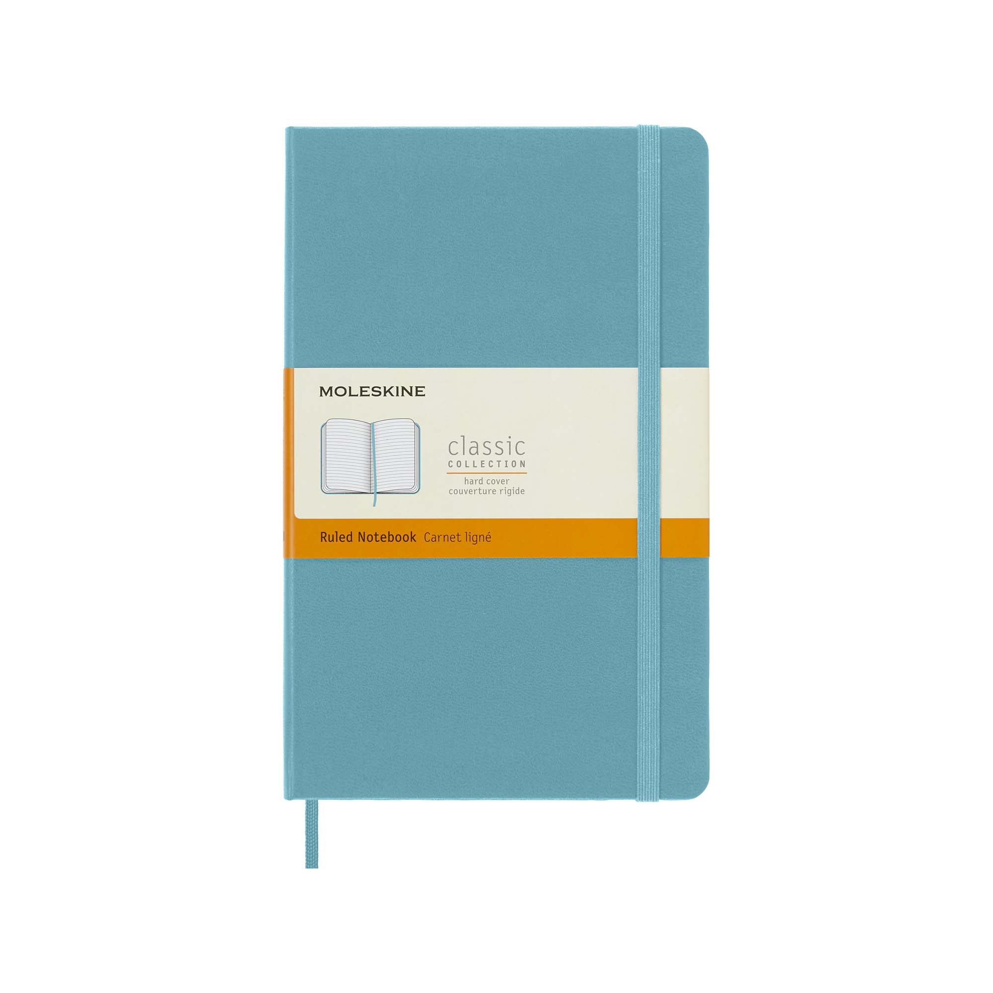 Ein türkisfarbenes Moleskine-Notizbuch. Es hat ein cremefarbenes Band mit dem Logo und den Worten "klassische Kollektion". Ein türkisfarbenes Band.