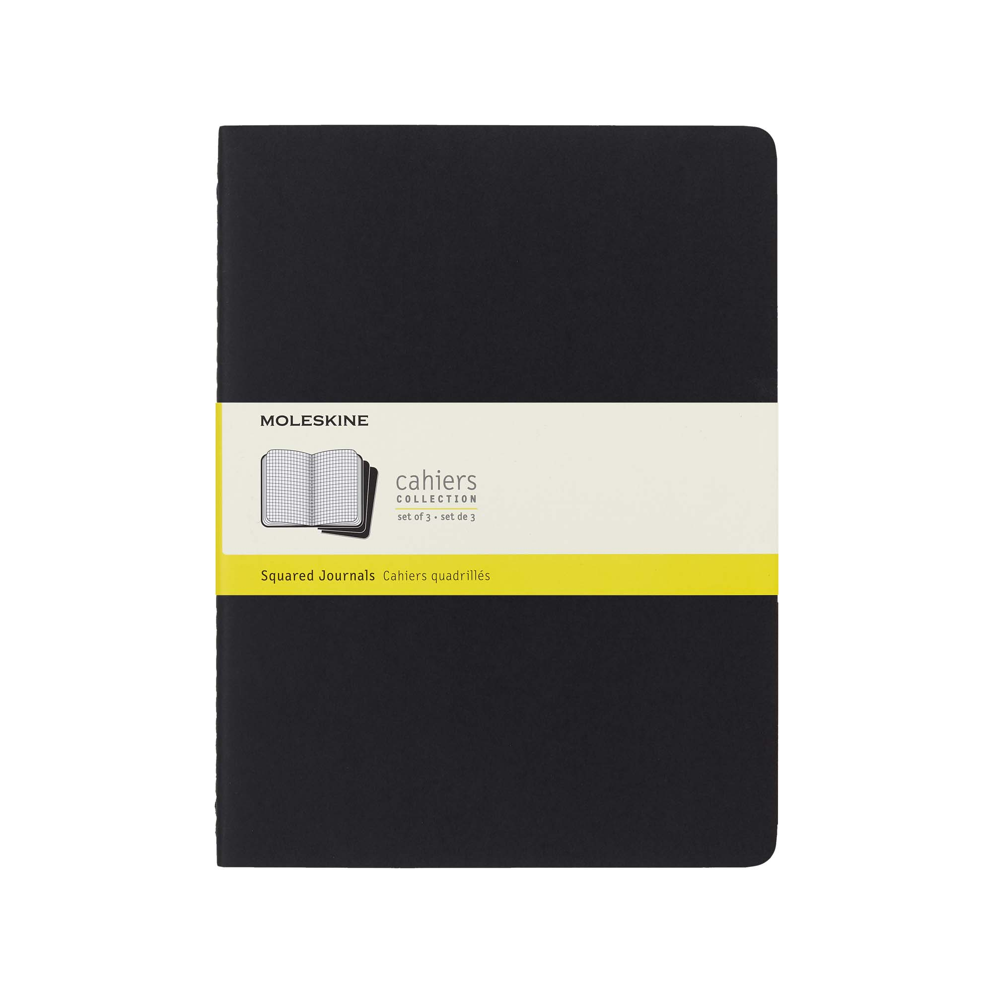 Ein schwarzes Moleskine Cahiers-Quadratjournal-Set. Es hat ein gelbes und weißes Band mit Branding und Produktdetails.