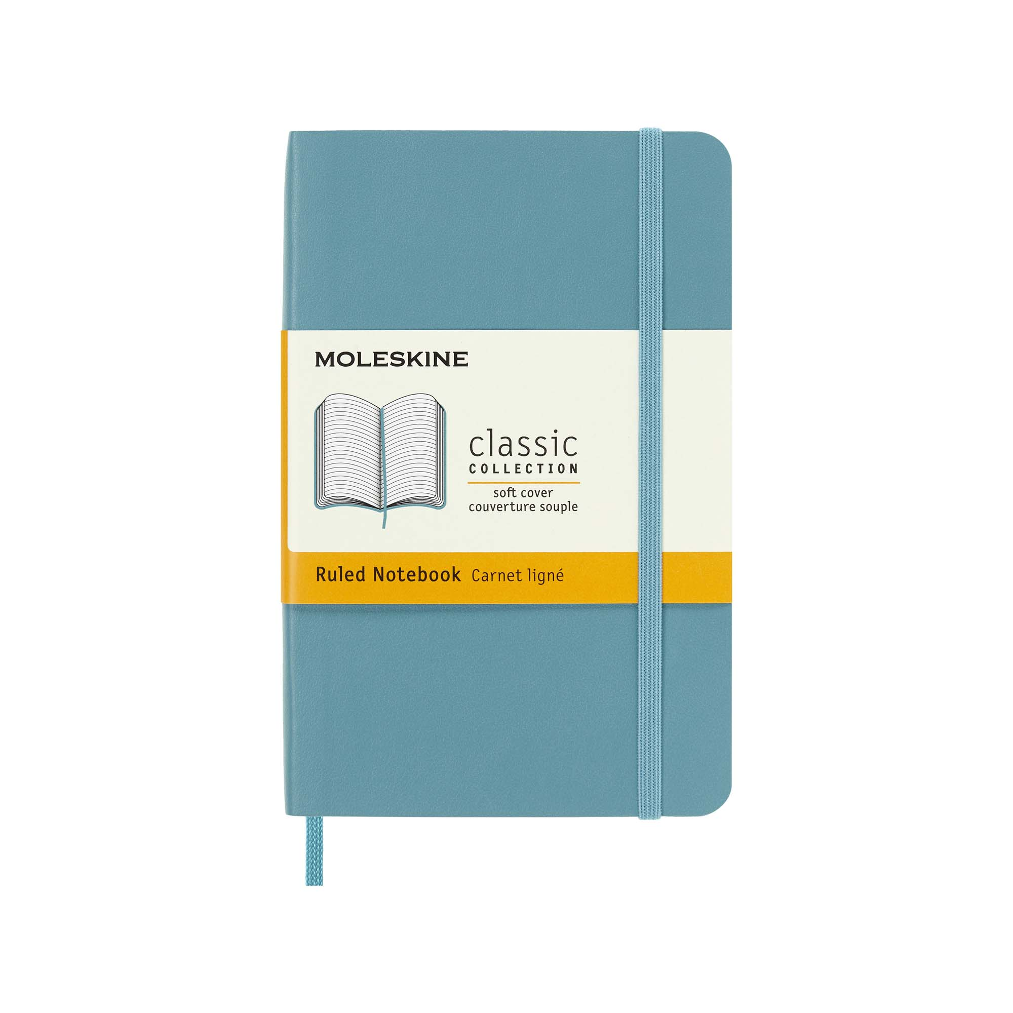 Ein türkisfarbenes Moleskine-Notizbuch. Der Umschlag hat ein Gummiband und ein Lesezeichenband. Es hat das Markenlogo und Text.