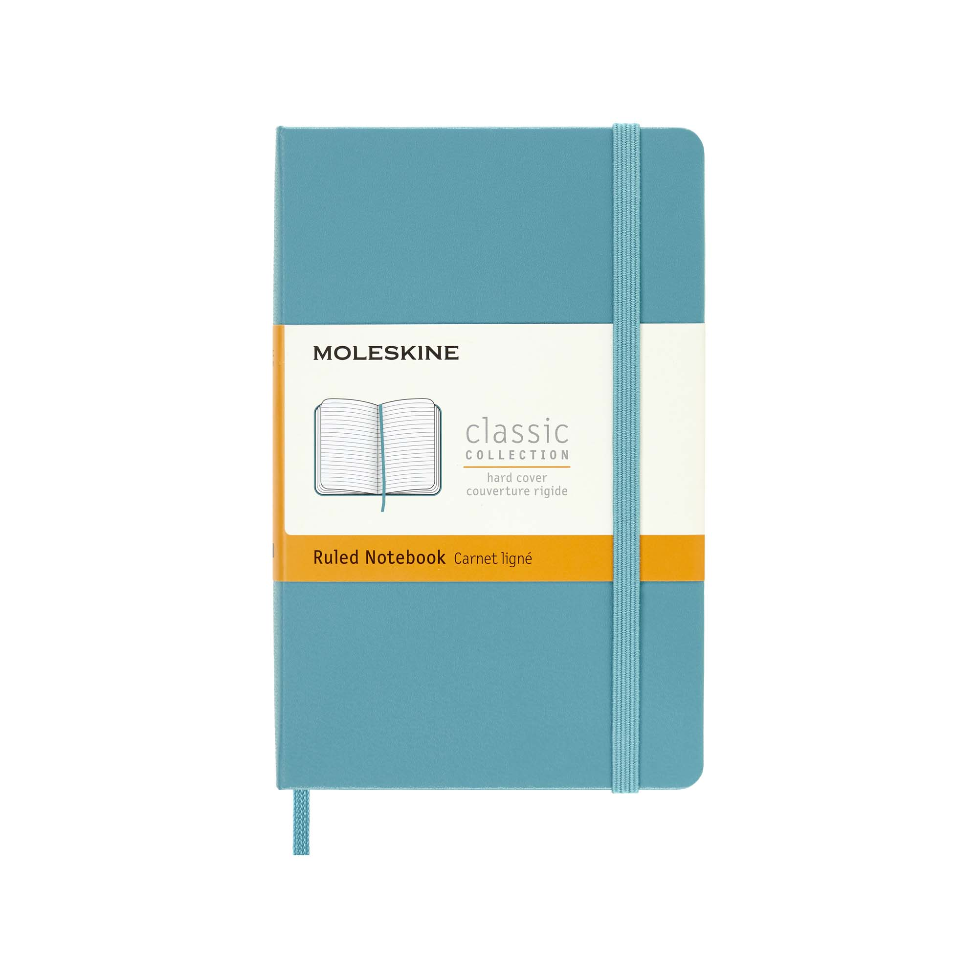 Turkusowy notatnik Moleskine z białym i pomarańczowym paskiem. Posiada gumkę i zakładkę.