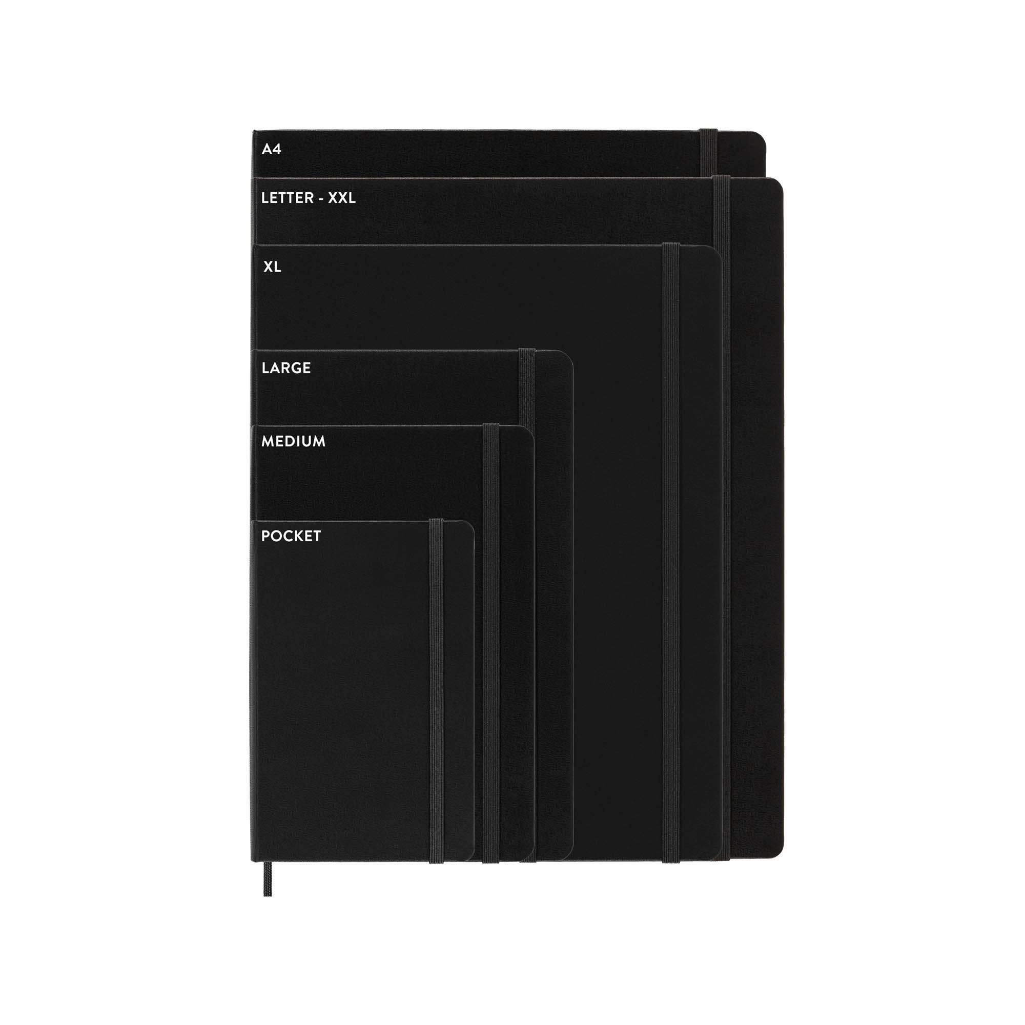 Białe tło z czarnymi notatnikami w różnych rozmiarach oznaczonych A4, Letter-XXL, XL, Large, Medium i Pocket.