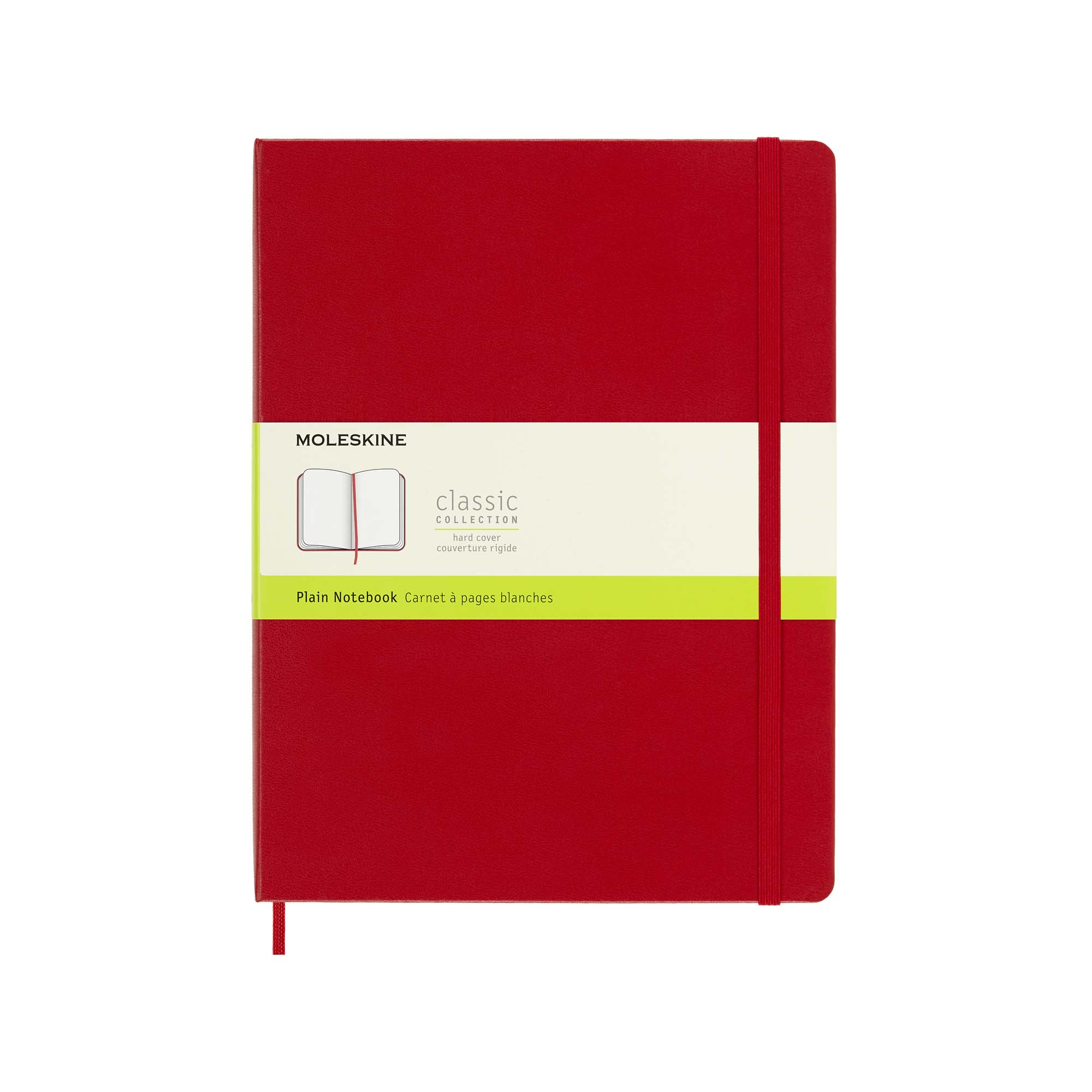 Czerwony notatnik Moleskine. Okładka jest czerwona, z pasującą gumką. Nazwa marki i informacje o produkcie są widoczne.