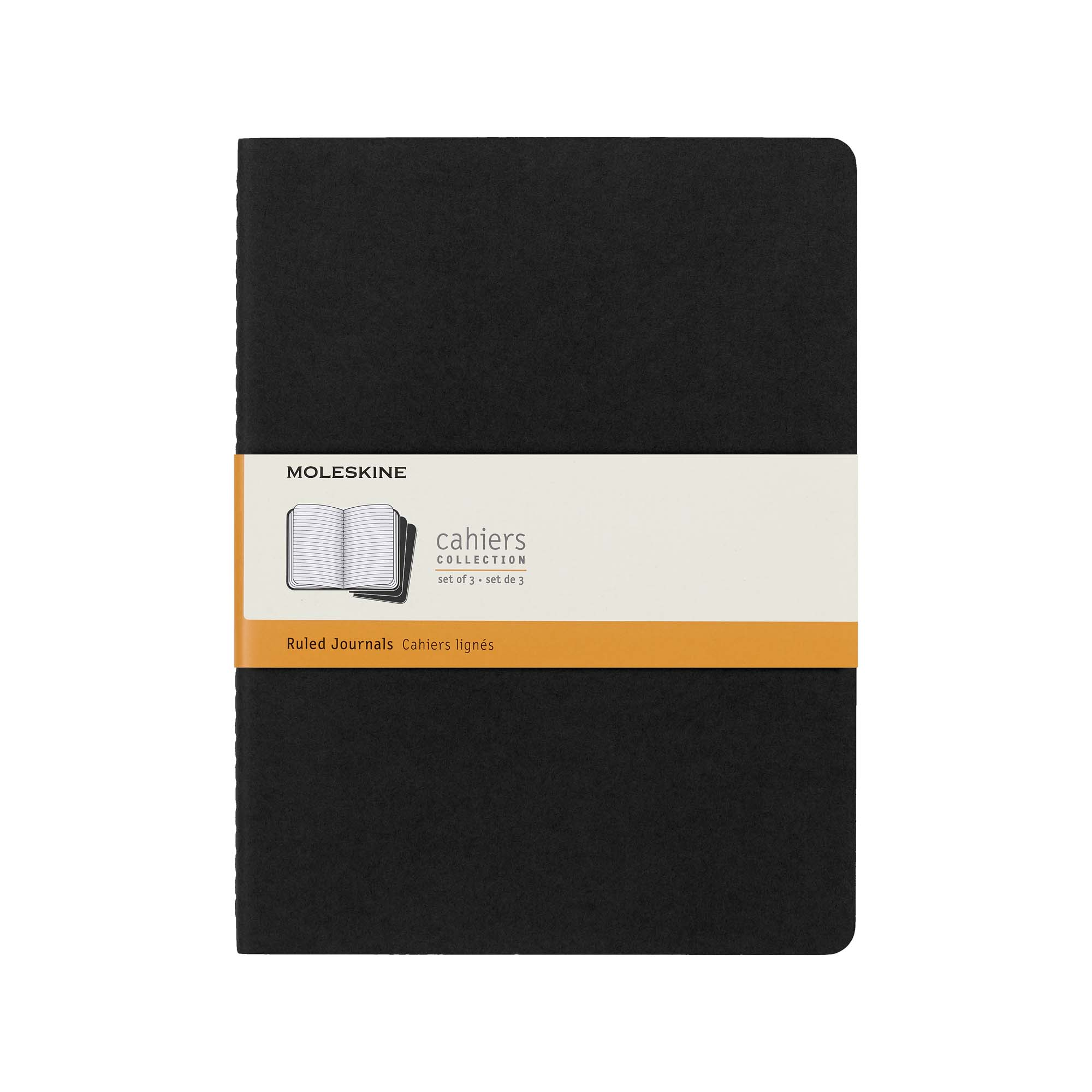Ein schwarzes Moleskine Cahiers-Journal-Set. Es hat ein weißes und orangefarbenes Band mit dem Markennamen und Produktdetails.