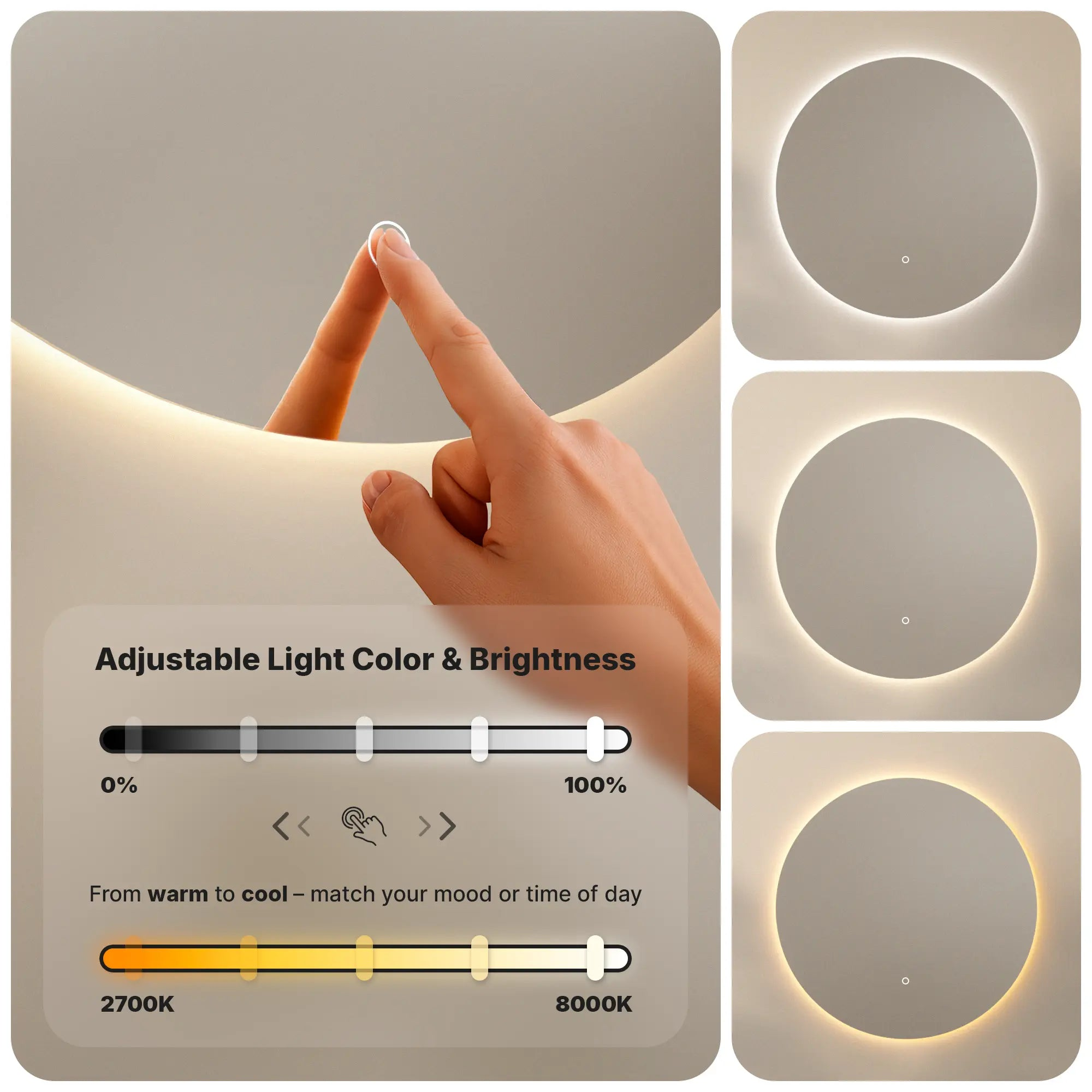 Afbeelding toont een verstelbare lamp, met een vinger die een scherm aanraakt. Er worden drie verschillende lichtinstellingen weergegeven.