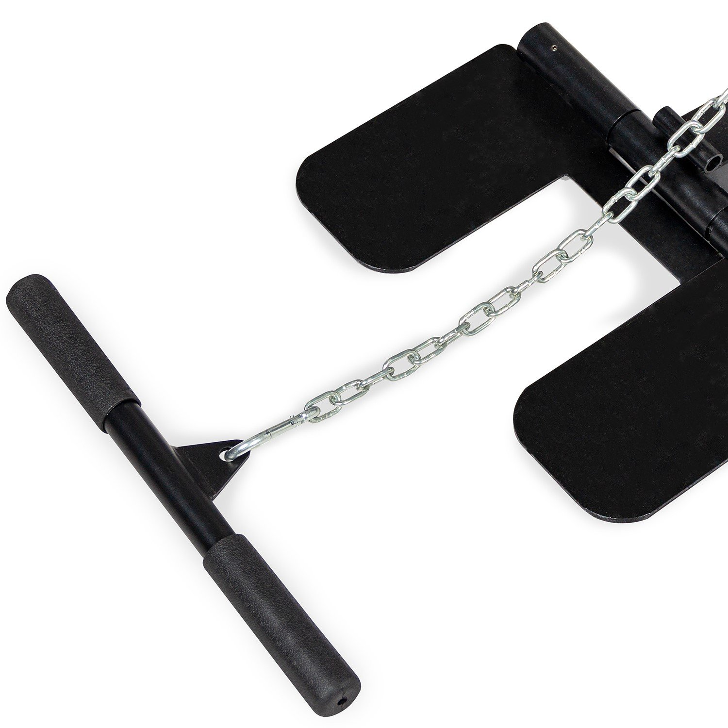 Schwarze Gewichthebevorrichtung mit Kette und Griff auf weißem Hintergrund. Komponenten umfassen Griff, Kette und Basis.