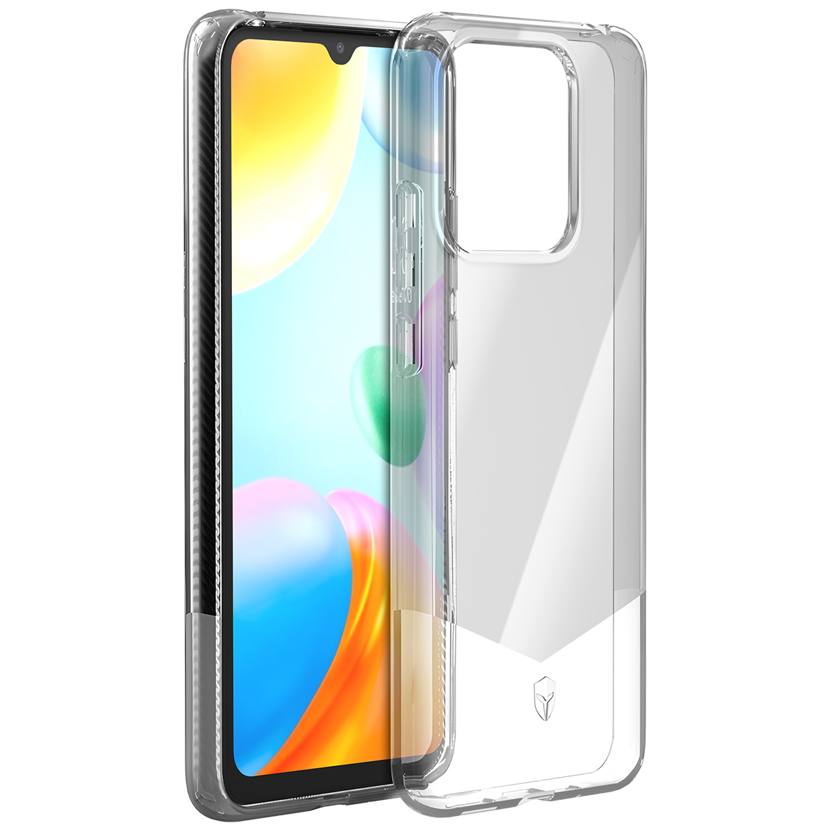Una custodia trasparente per telefono accanto a un telefono con schermo colorato. La custodia è trasparente, mostrando il design del telefono.