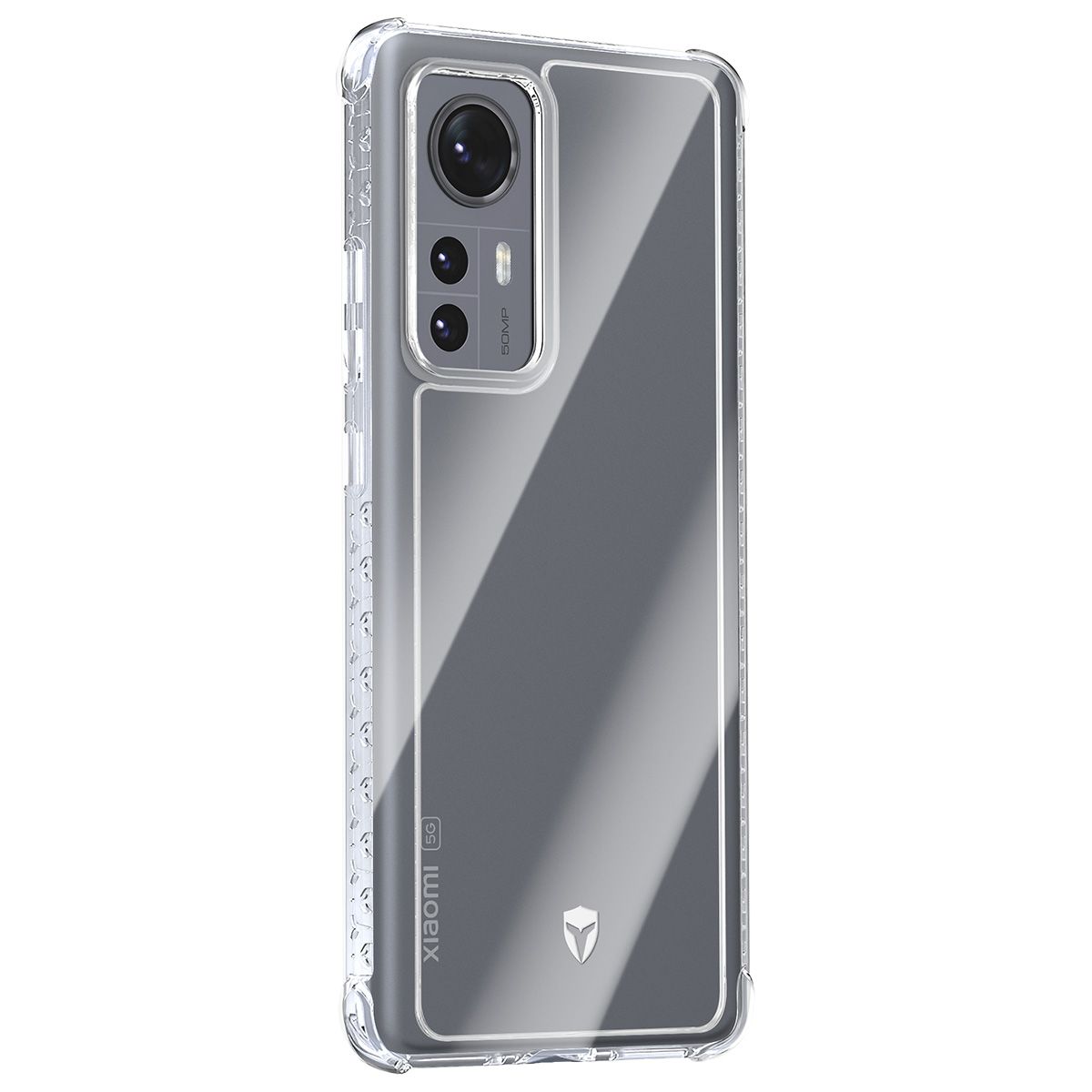 Una custodia trasparente per un telefono Xiaomi 5G. La custodia è trasparente. Il telefono ha fotocamere e il logo Xiaomi.