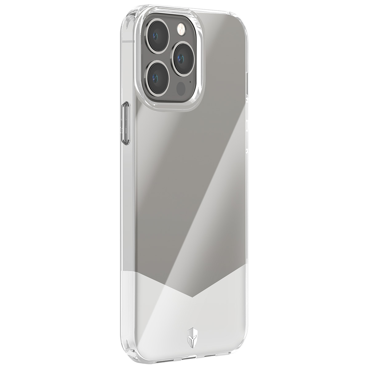 Una custodia trasparente per telefono con un design a chevron grigio. Il telefono ha tre obiettivi. Lo sfondo è bianco.