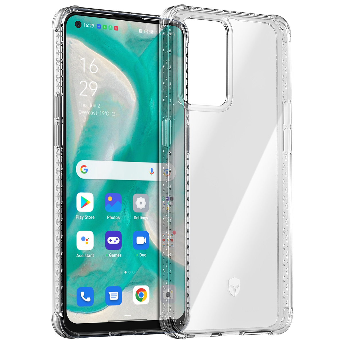 Ein Smartphone in einer transparenten Hülle. Der Bildschirm zeigt Uhrzeit, Wetter und App-Symbole. Die Hülle hat ein dekoratives Design.