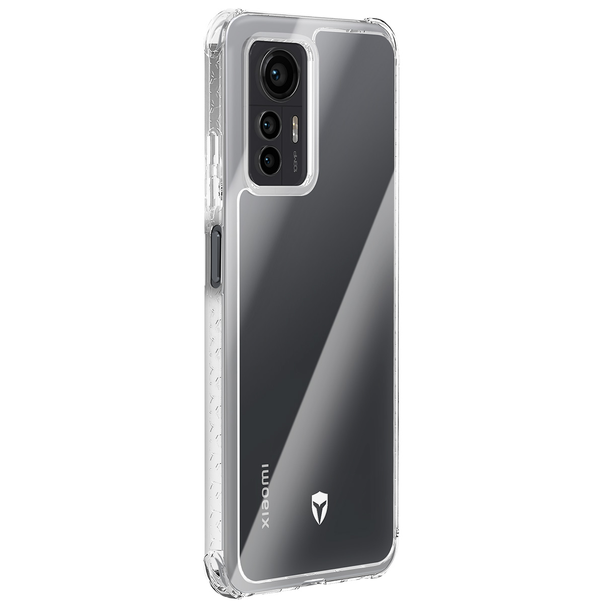 Custodia trasparente per un Xiaomi. La custodia ha un ritaglio per la fotocamera, il retro del telefono è visibile. Marchio e logo sul retro.