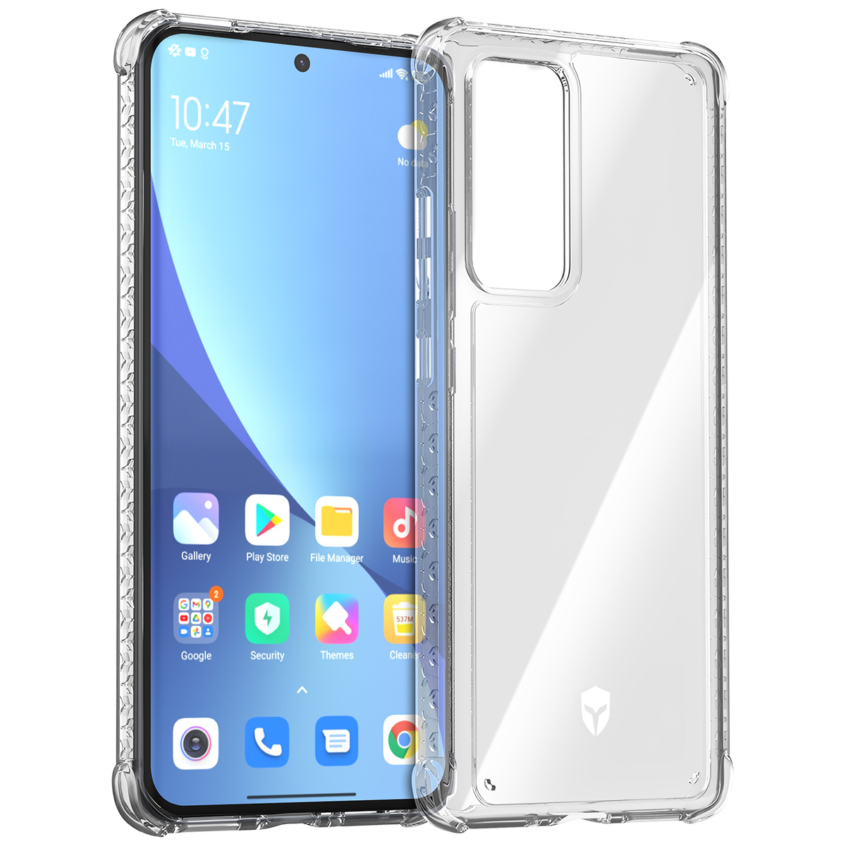 Uno smartphone con una custodia protettiva trasparente. Lo schermo mostra icone e l'ora. La custodia è trasparente e copre il telefono.