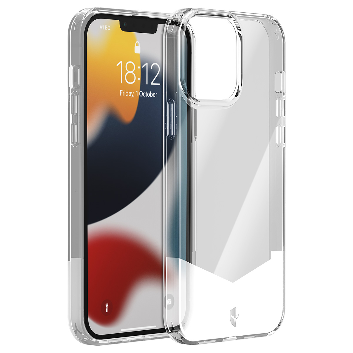 Una custodia trasparente per telefono accanto a un iPhone. L'iPhone mostra l'ora, 18:12, e la data, venerdì 1 ottobre.