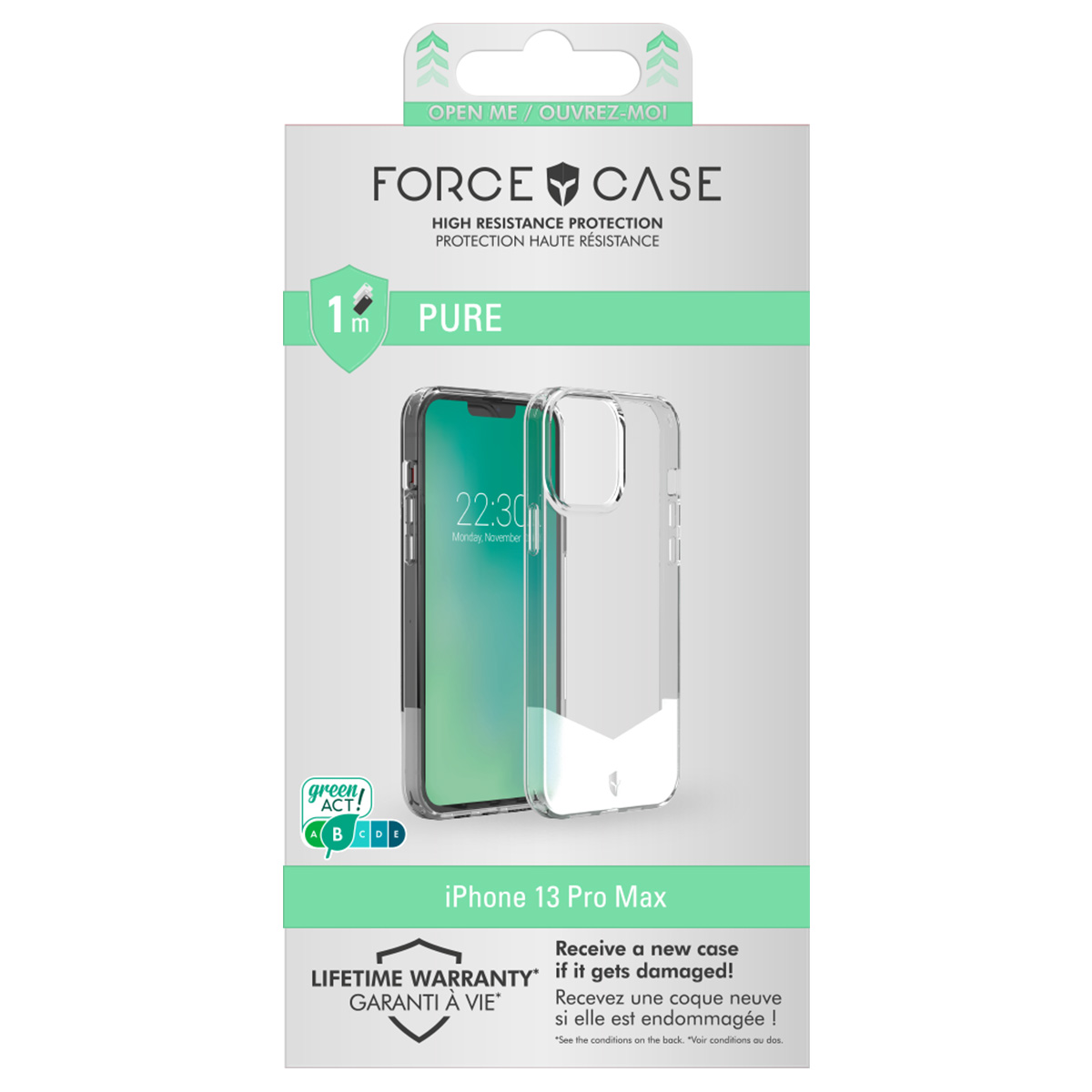 Una custodia trasparente per iPhone 13 Pro Max su sfondo bianco e verde. Testo: 'FORCE CASE', 'PURE' e 'LIFETIME WARRANTY'.