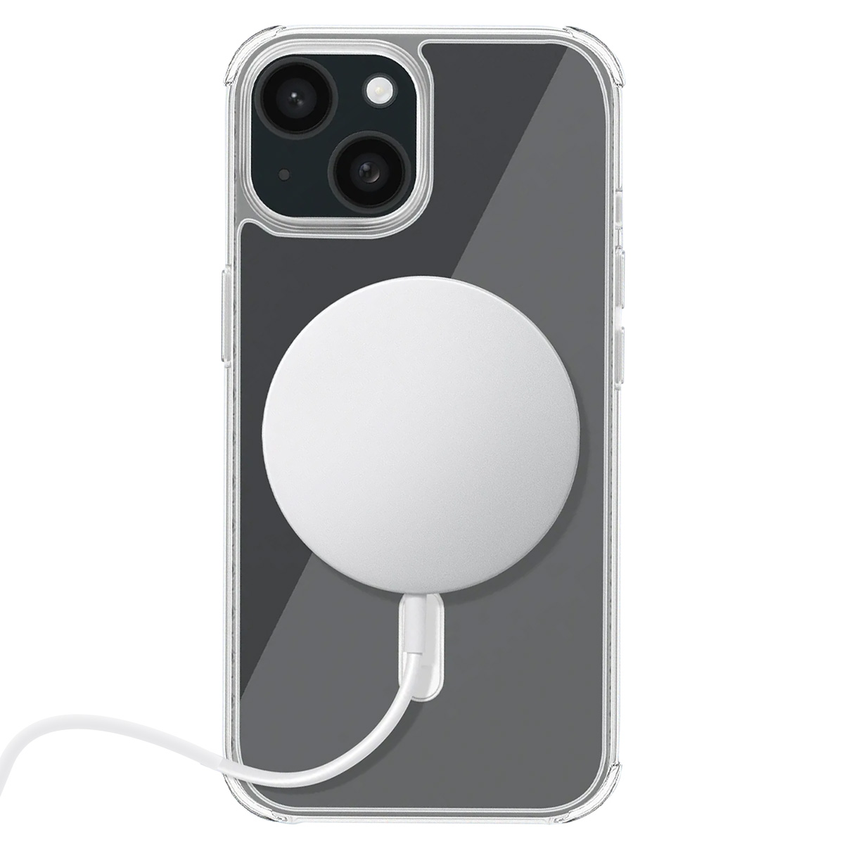 Een iPhone in een doorzichtige hoes met een witte MagSafe-oplader eraan. De telefoon is zwart en de oplader is verbonden via een witte kabel.