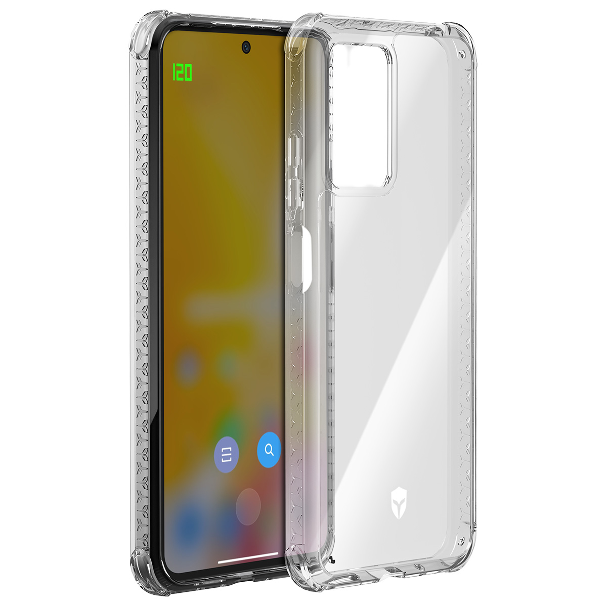 Una custodia trasparente per telefono accanto a uno smartphone con schermo giallo che mostra un'interfaccia.