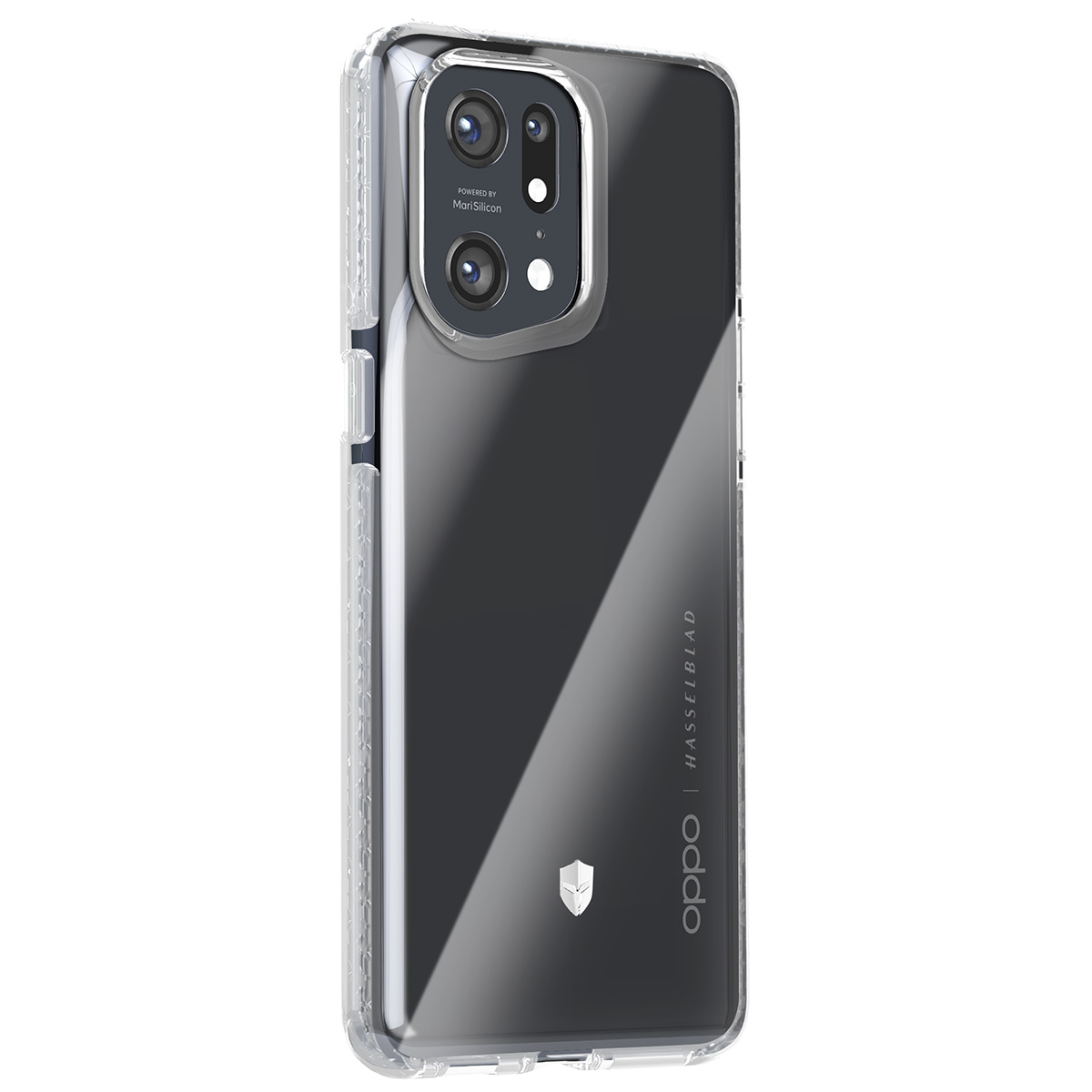 Una custodia trasparente protegge uno smartphone. Il telefono ha più lenti della fotocamera. Il marchio è Oppo e Hasselblad.