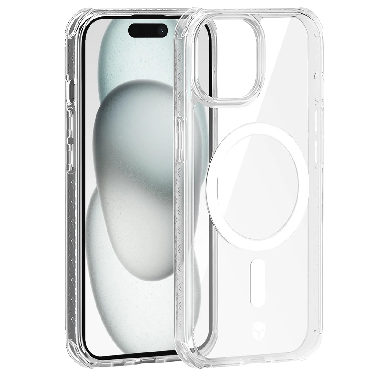 Een doorzichtige telefoonhoes naast een telefoon. De hoes is transparant met een witte cirkel en een opening voor de camera.