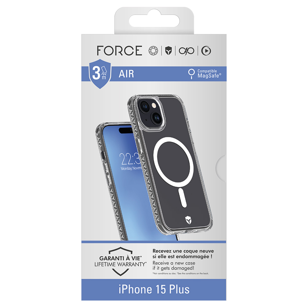 Verpakking toont een telefoonhoesje voor iPhone 15 Plus. Het bevat functies als MagSafe, levenslange garantie en 3m luchtbescherming.