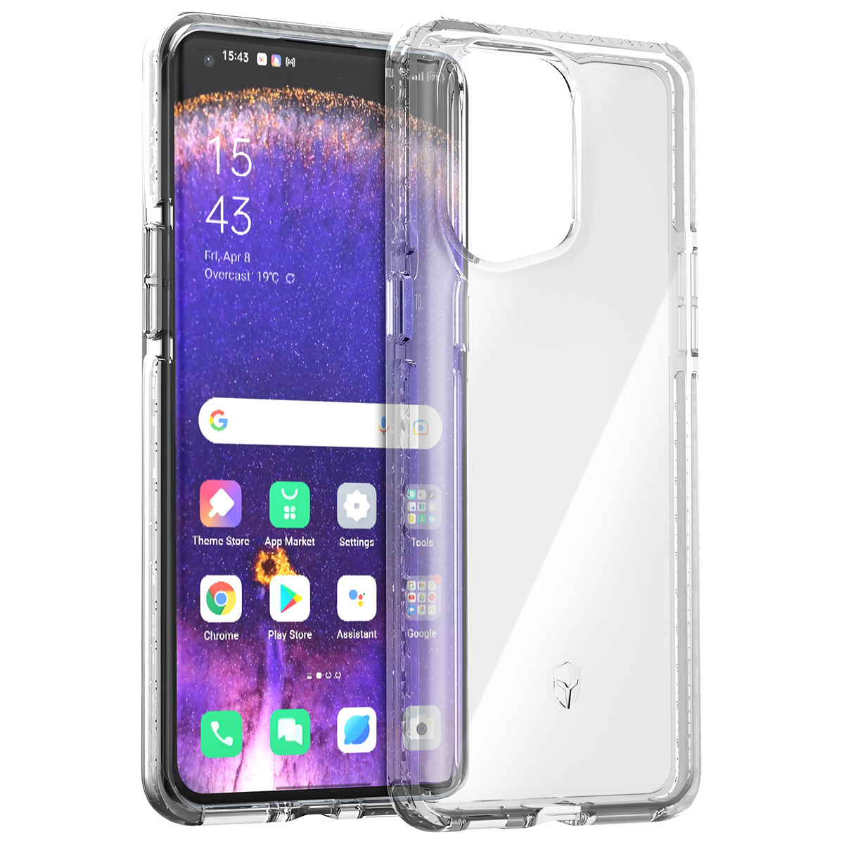 Viene mostrato uno smartphone con una custodia trasparente. Lo schermo mostra l'ora, la data e le icone delle app. La custodia è trasparente e protettiva.