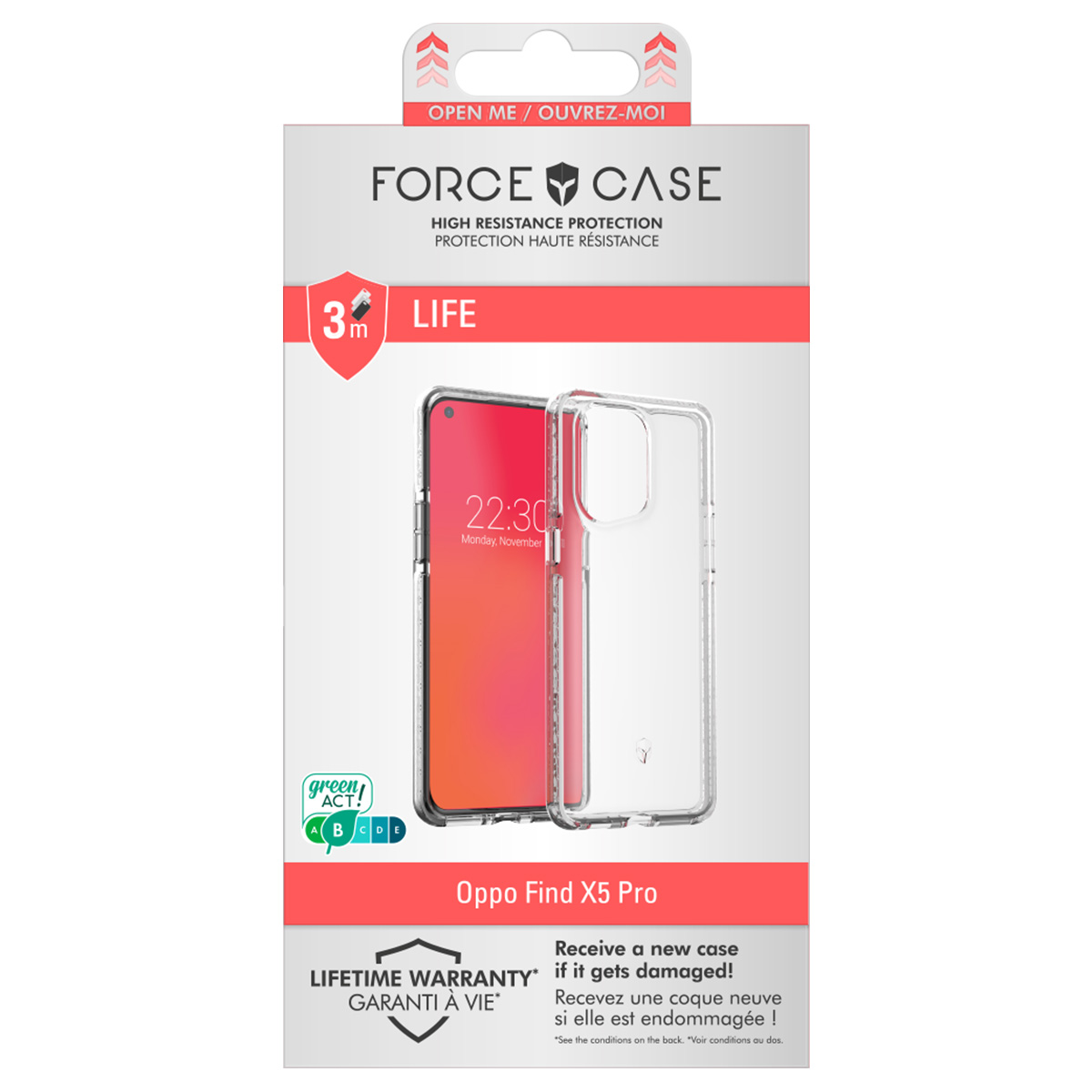 Eine Handyhüllenverpackung mit einem Telefon darin. Das Telefon zeigt die Uhrzeit an. Text enthält 'FORCE CASE', 'LIFE' und 'Oppo Find X5 Pro'.
