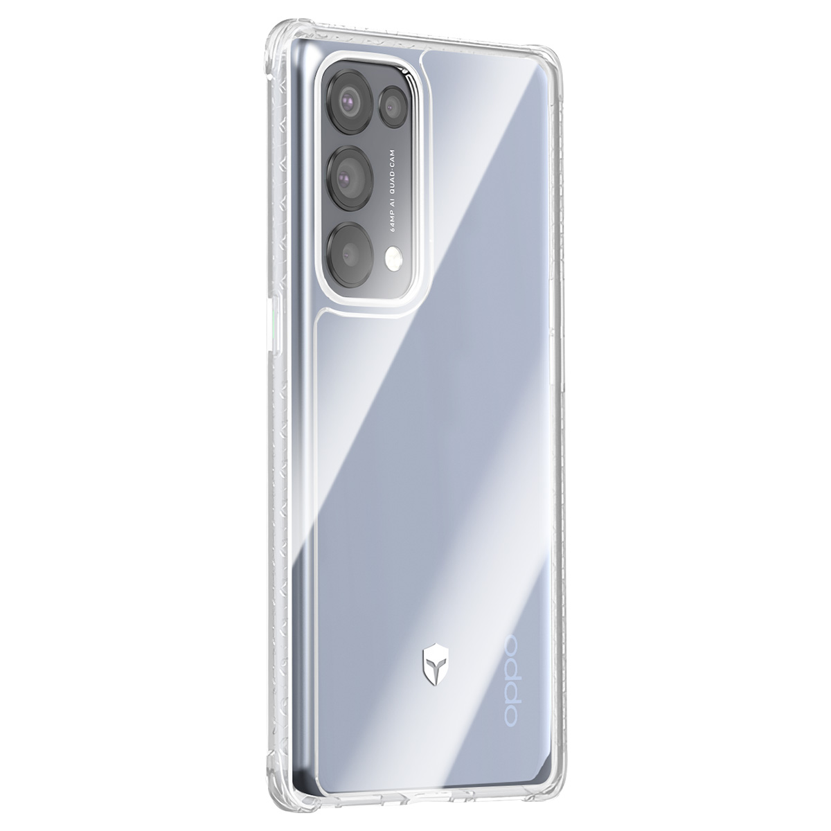 Eine transparente Handyhülle schützt ein silbernes Oppo-Handy. Es hat eine Quad-Kamera und das Oppo-Logo ist sichtbar.