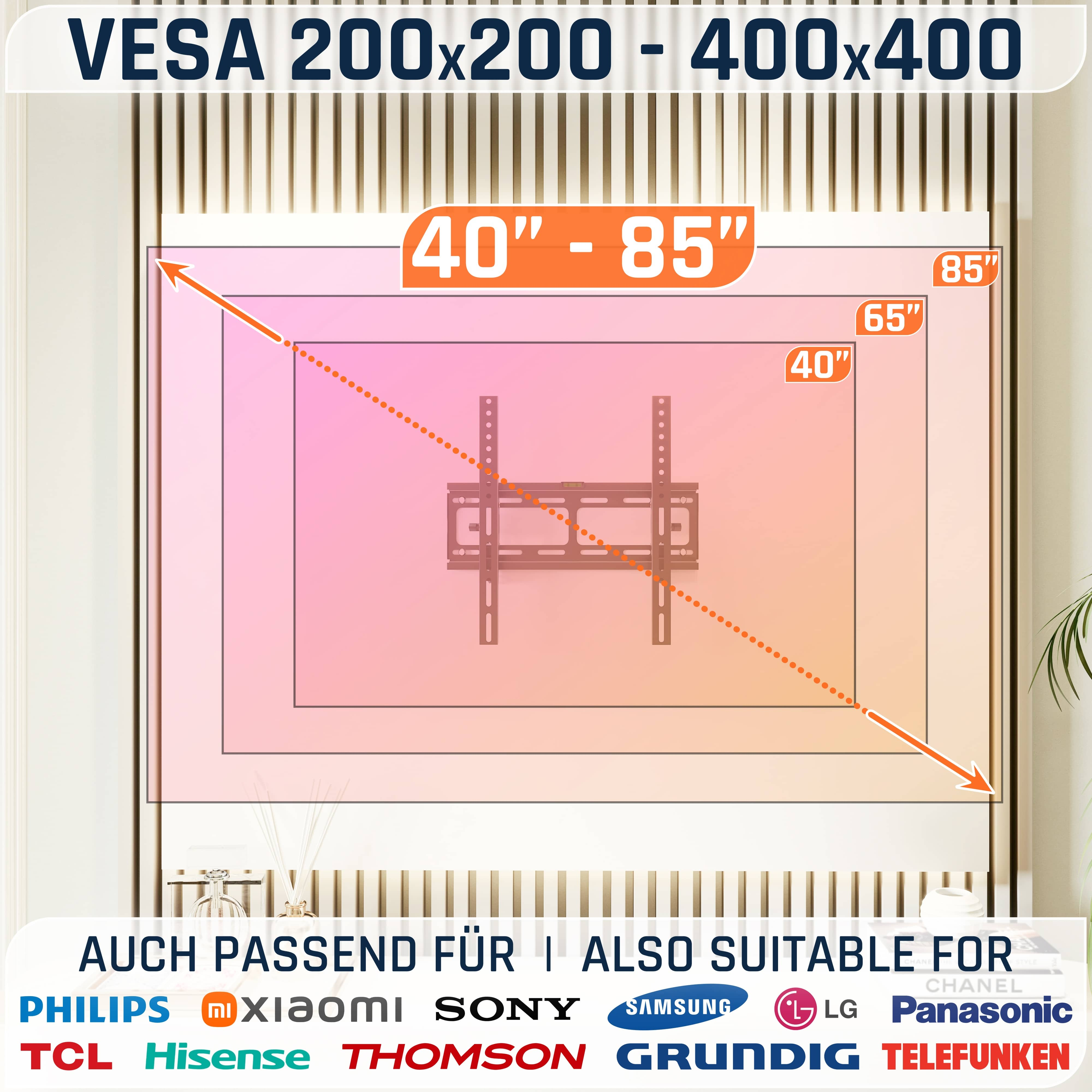 Das Bild zeigt eine TV-Halterung mit Größenangaben. Text enthält VESA, Abmessungen und Marken wie Philips und Samsung.