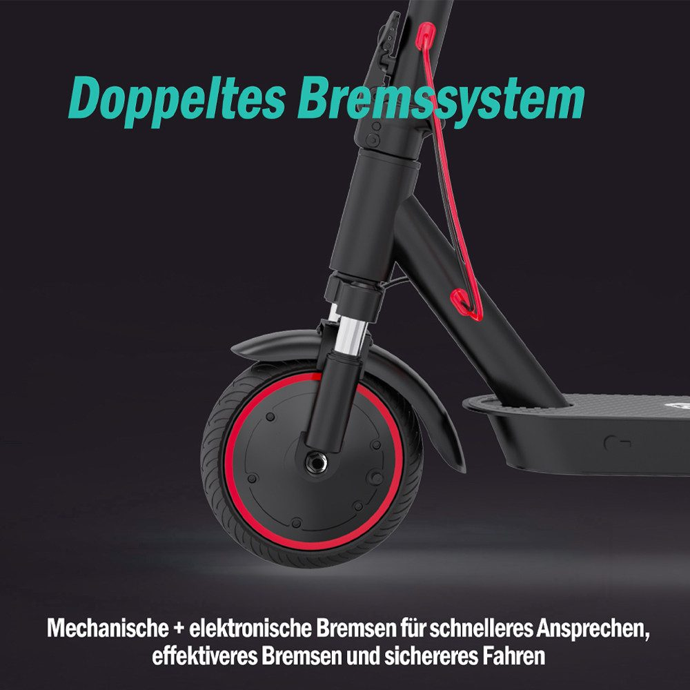 Schwarzer Elektroroller mit roten Akzenten. Text: 'Doppeltes Bremssystem'. Details zeigen mechanische und elektronische Bremsen.